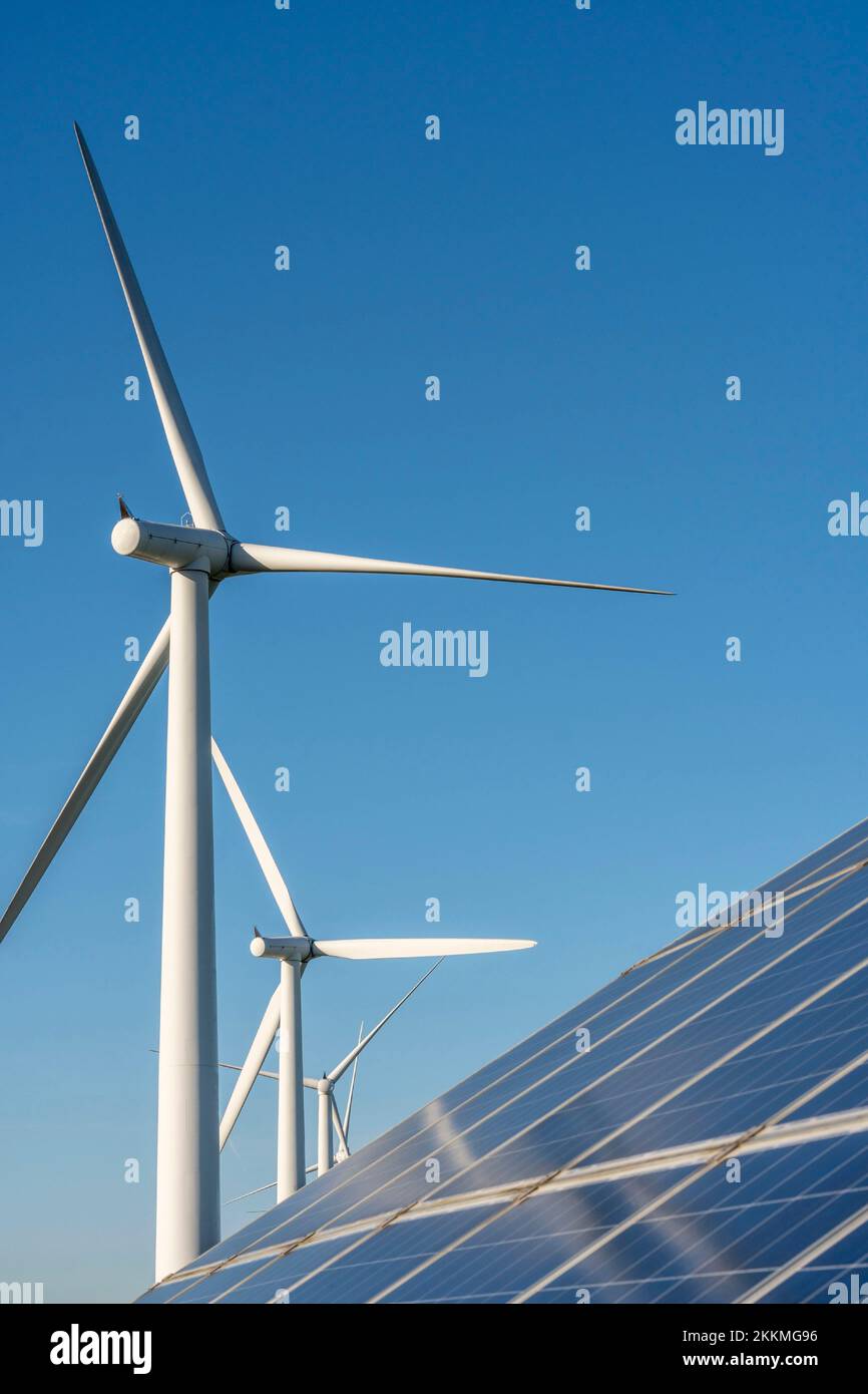 Solarzellen und Windräder Stockfoto