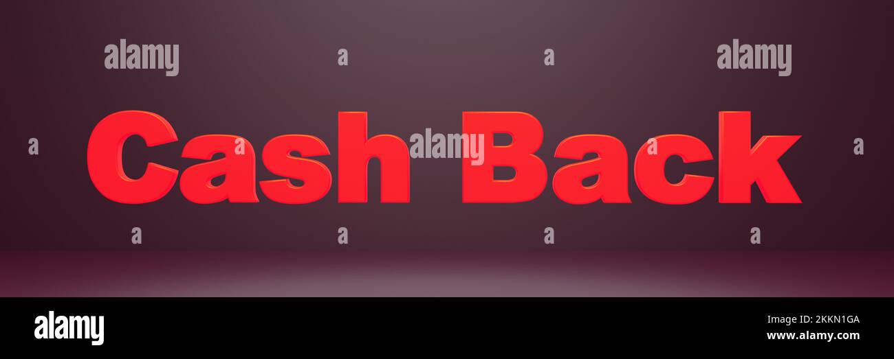 Cash-Back-Banner mit rotem Text 3D-Render und Schriftzug für Web-Rabatte. Stockfoto