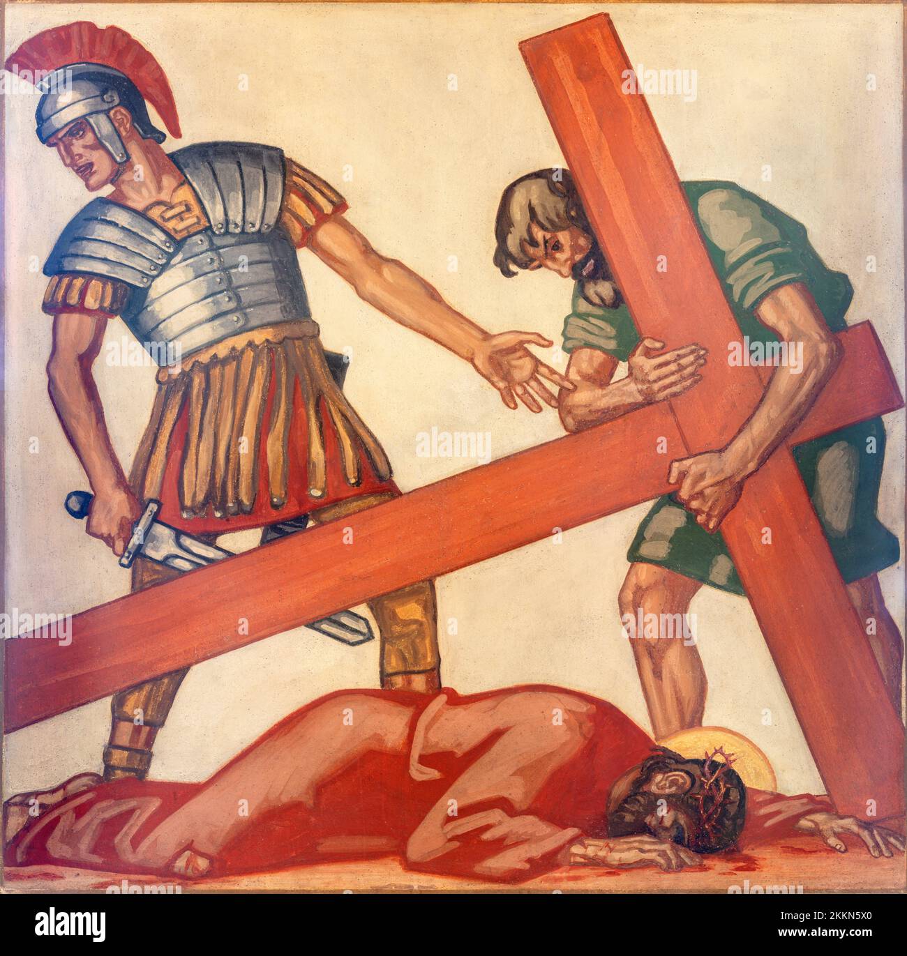ZÜRICH, SCHWEIZ - 1. JULI 2022: Das Fresko Jesus fällt unter das Kreuz als Teil des Kreuzweges der Kirche St. Anton von Fritz Kunz (1921). Stockfoto