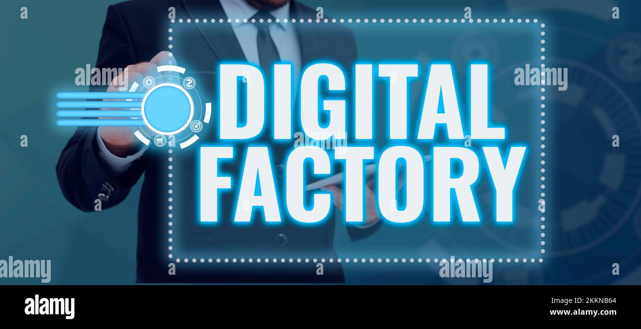 Schild mit Anzeige der digitalen Fabrik. Word, das auf geschrieben wurde, verwendet digitale Technologie für den Fertigungsprozess Stockfoto