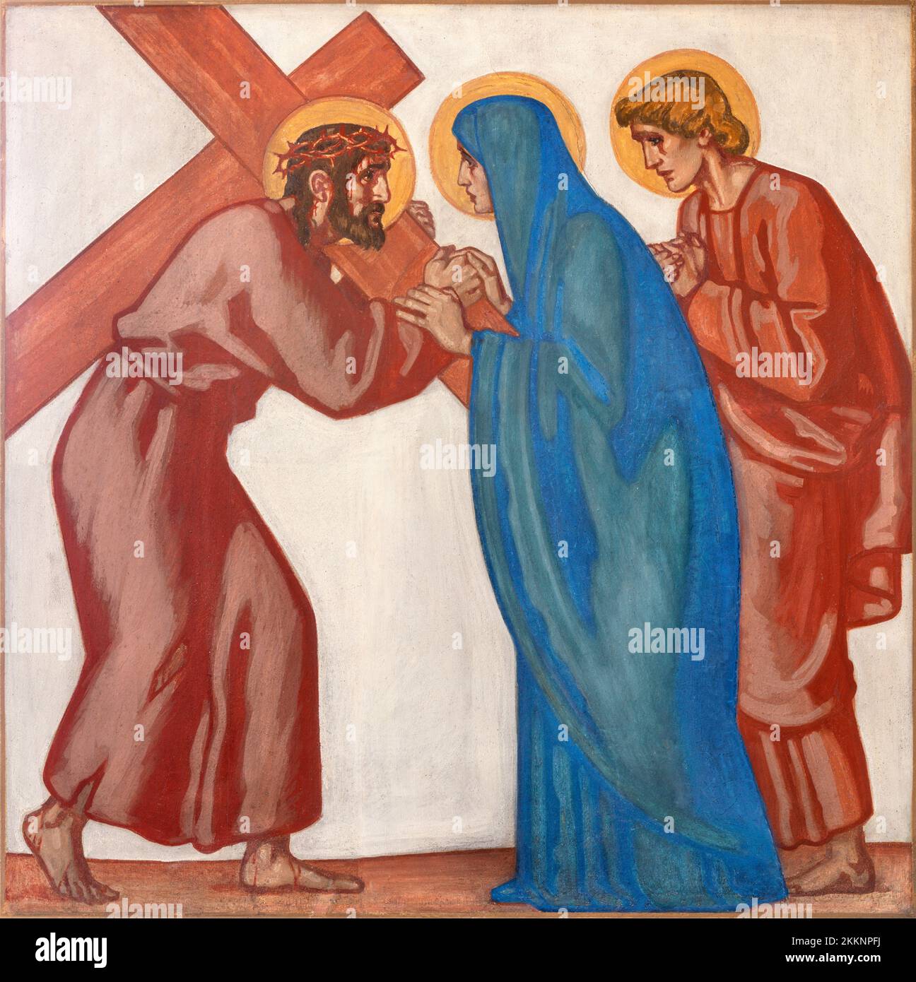 ZÜRICH, SCHWEIZ - 1. JULI 2022: Das Fresko Jesus begegnet seiner Mutter Maria im Rahmen des Kreuzweges der Kirche St. Anton von Fritz Kunz (1921). Stockfoto