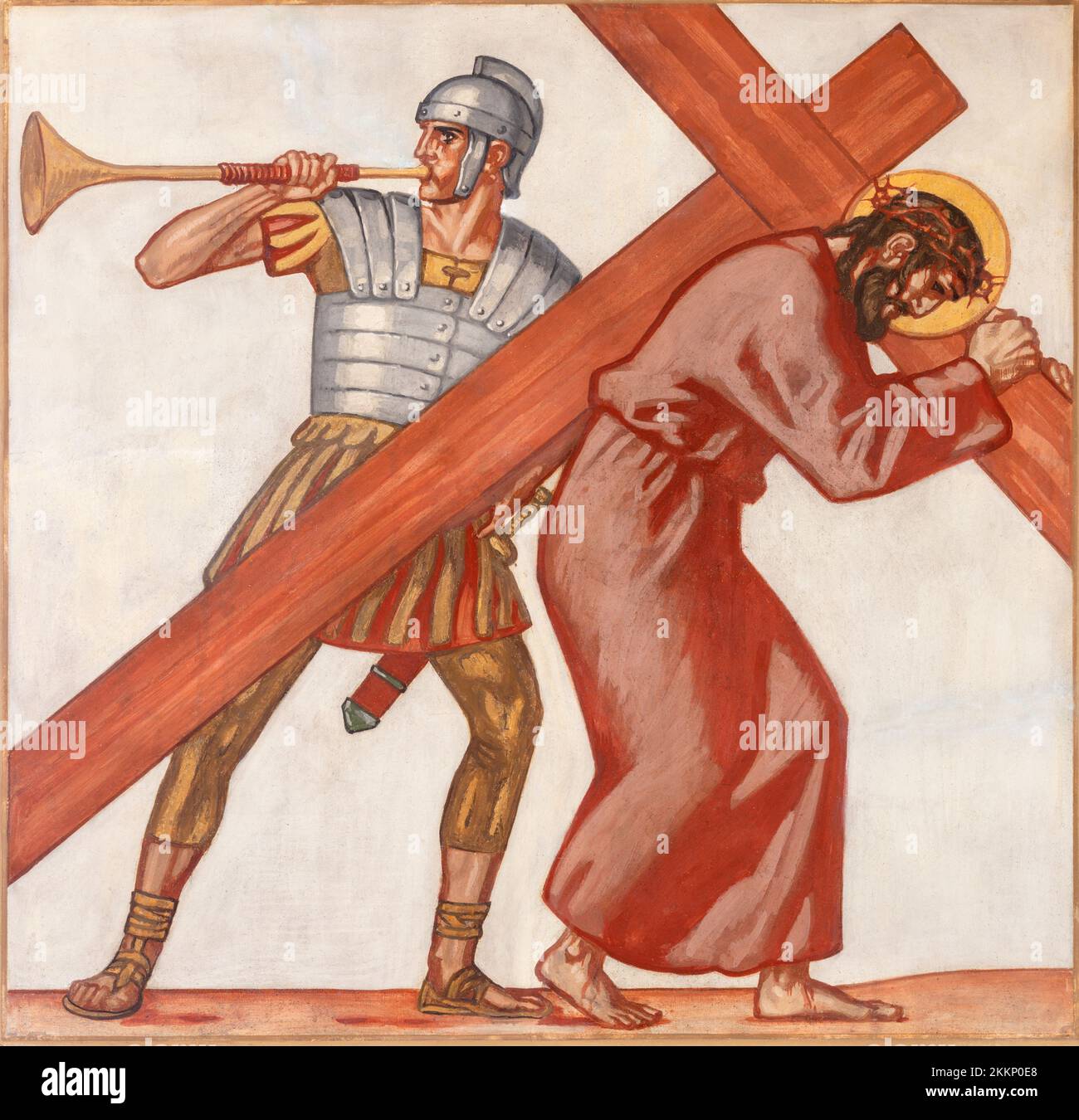 ZÜRICH, SCHWEIZ - 1. JULI 2022: Das Fresko Jesus nimmt sein Kreuz als Teil des Kreuzweges der Kirche St. Anton auf von Fritz Kunz (1921). Stockfoto