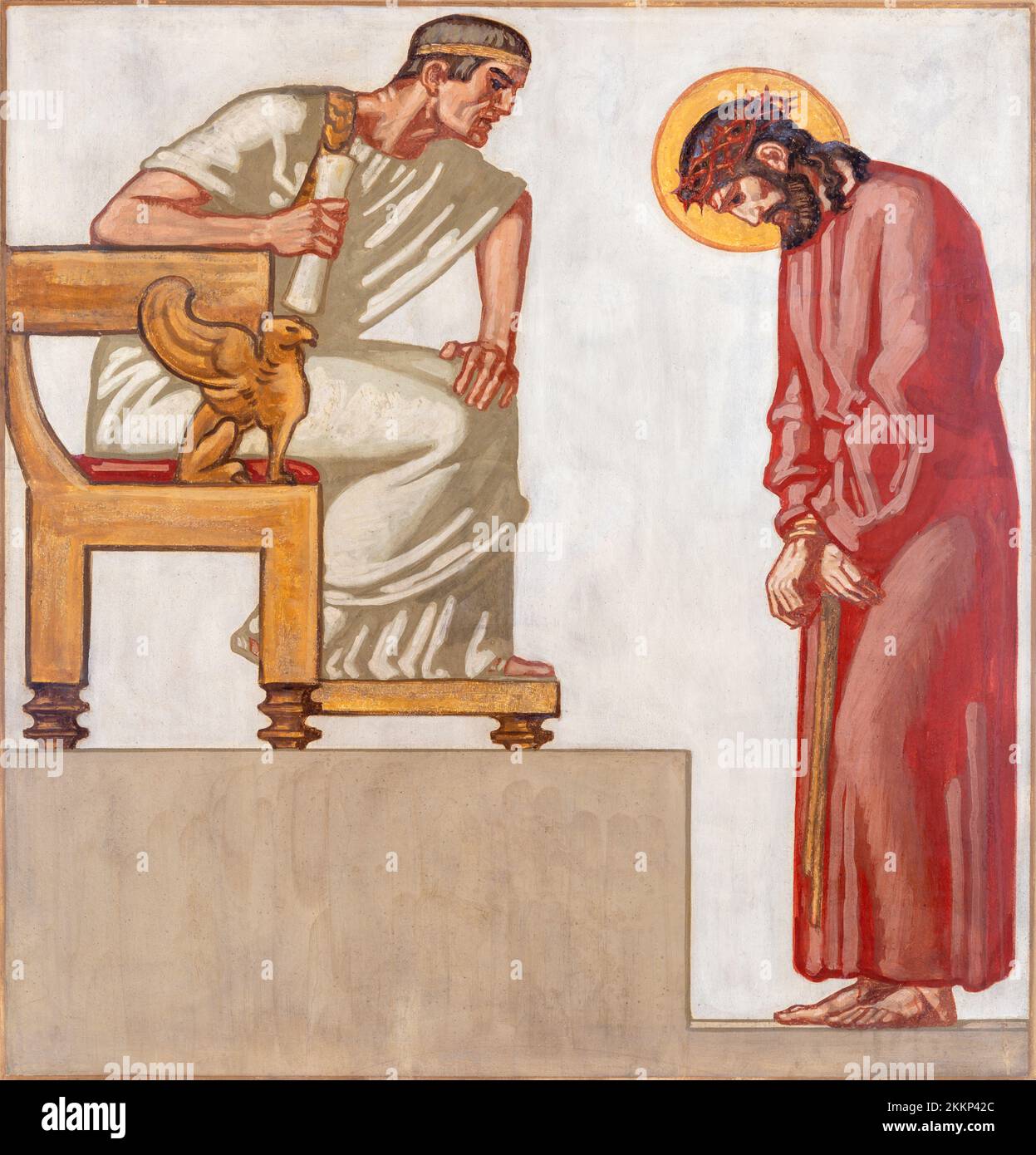 ZÜRICH, SCHWEIZ - 1. JULI 2022: Das Fresko Jesus vor Pilatus als Teil des Kreuzweges der Kirche St. Anton von Fritz Kunz (1921). Stockfoto
