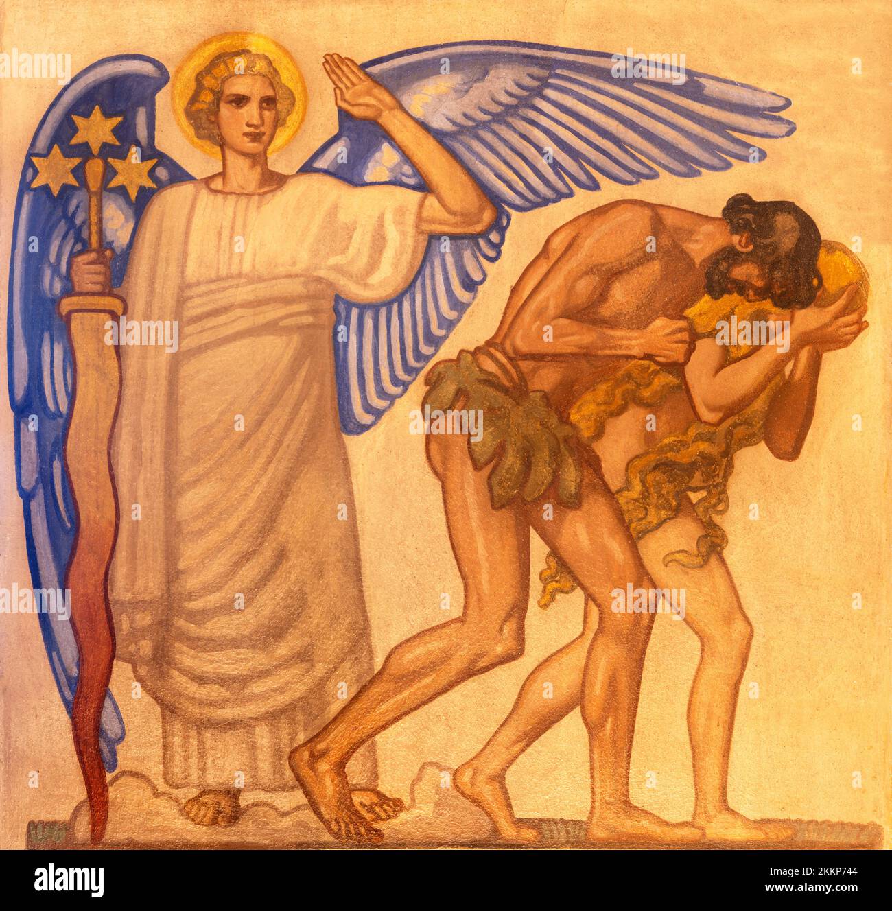 ZÜRICH, SCHWEIZ - 1. JULI 2022: Die Austreibung von Adam und Eva aus dem Paradies Fresko in der Kirche St. Anton von Fritz Kunz (1921). Stockfoto