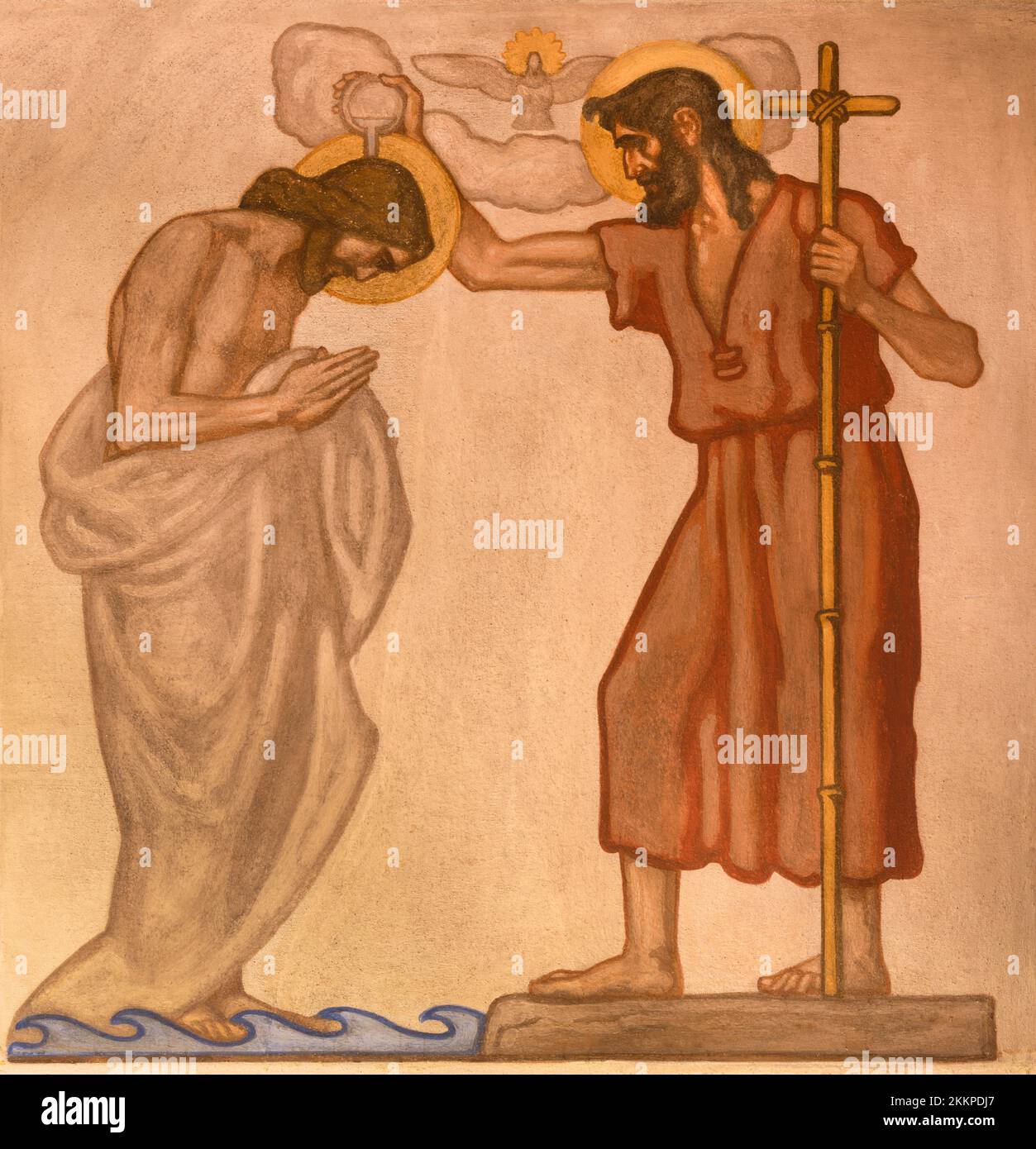 ZÜRICH, SCHWEIZ - 1. JULI 2022: Fresko der Taufe Jesu in der Kirche St. Anton von Fritz Kunz (1921). Stockfoto