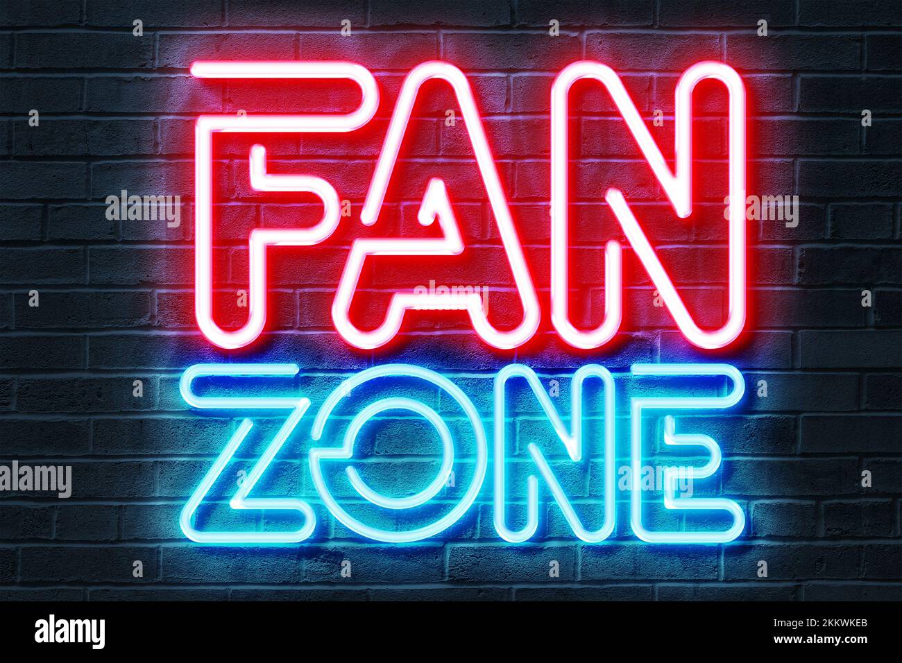 Abbildung der Lüfterzone Neon Sign 3D auf dunklem Backsteinhintergrund. Stockfoto