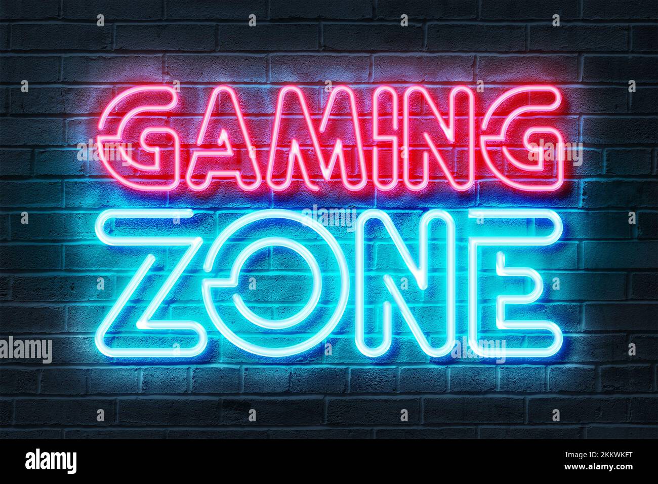 Gaming Zone Neon Sign 3D auf dunklem Backsteinhintergrund. Stockfoto