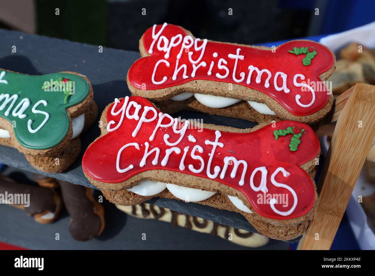 Besondere Weihnachtsgeschenke für Hunde auf einem Marktstand in Lee-on-Solent, Hampshire, Großbritannien. Stockfoto