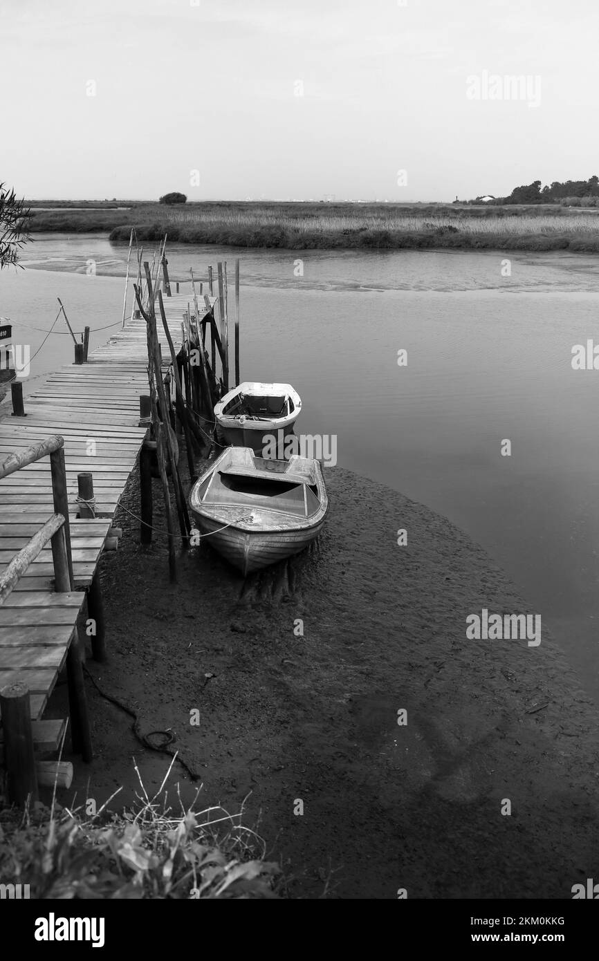 Fischerboote in einem Hafen mit Holzsteg in Carrasqueira, Portugal Stockfoto