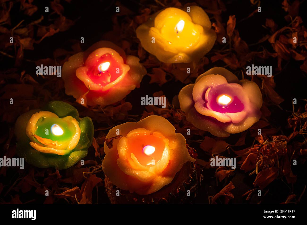 Dekorierte Diwali-Lichter mit farbenfroher Diya-Öllampe und dekorativen Blumen während des diwali-Festivals Stockfoto