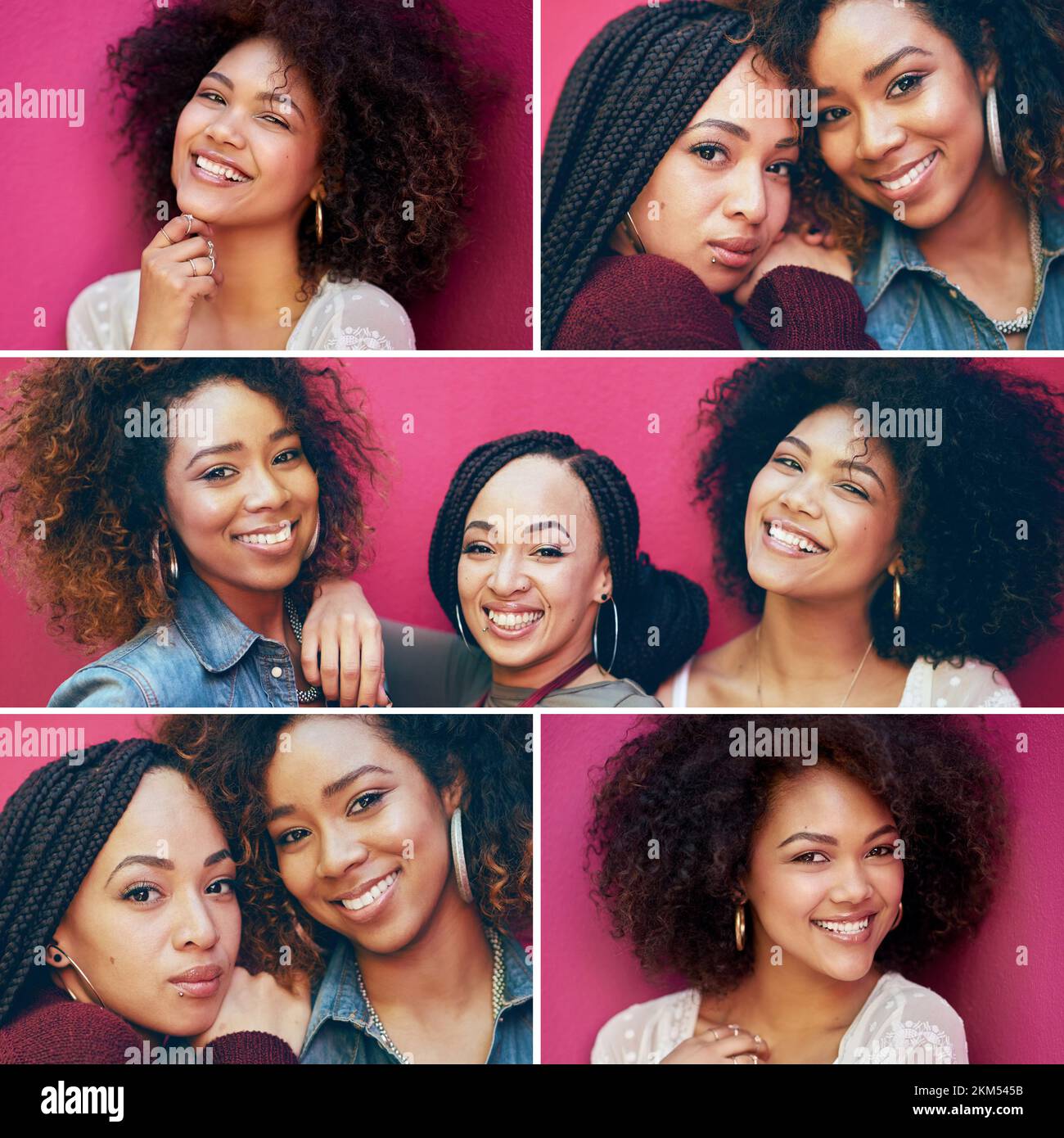 Collage, schwarze Frauen und Freunde auf rosa Wänden für Schönheit, Glück und Afro, Zöpfe und natürliches Haar für Kosmetik, Make-up und Haarpflegeporträt. Gesicht Stockfoto