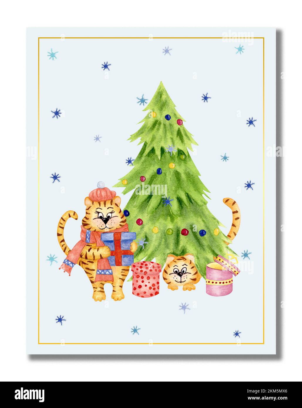 Aquarell Neujahr, Weihnachtskartenbanner mit einem Tigermädchen mit einem Geschenk in den Pfoten neben dem Weihnachtsbaum. Neues Jahr. Tiger in einer Baskenmütze mit Geschenken. Stockfoto