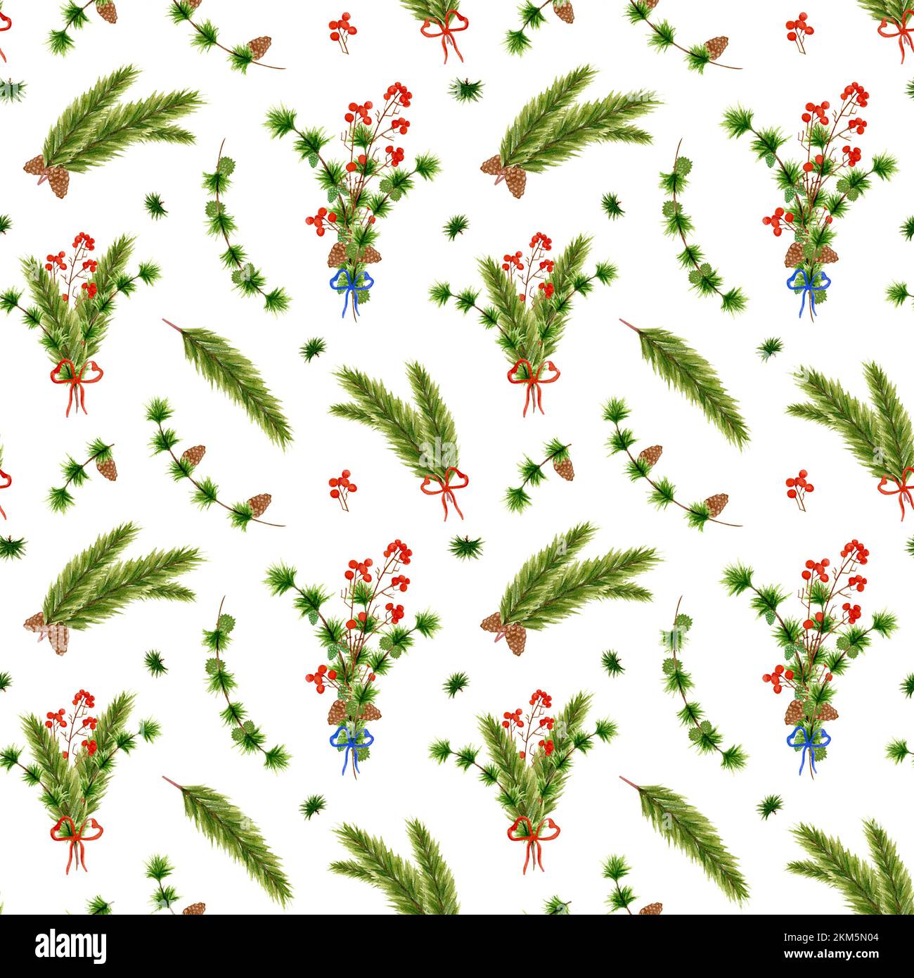 Aquarell weihnachtliches Muster mit Tannenzweigen. Strauß aus den Zweigen von modrina und Fichte mit einem Zweig roter Beeren, mit einer Schleife verbunden. Neues Jahr Stockfoto