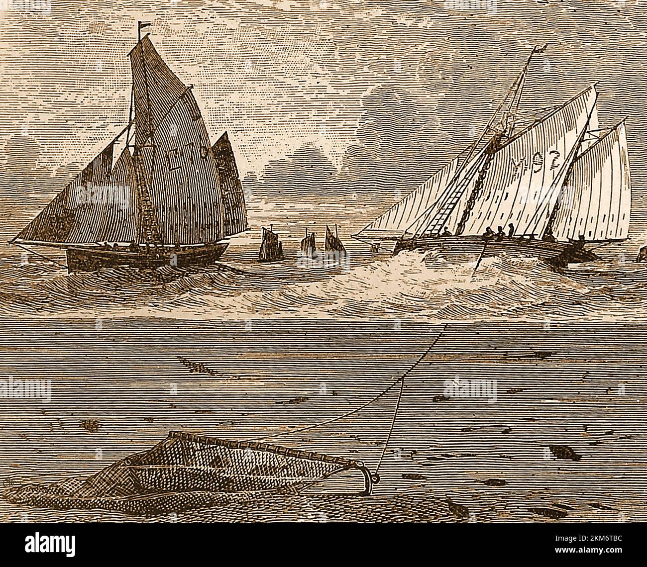 Eine Gravur britischer Fischtrawler und ihrer Netze aus dem 19.. Jahrhundert Stockfoto