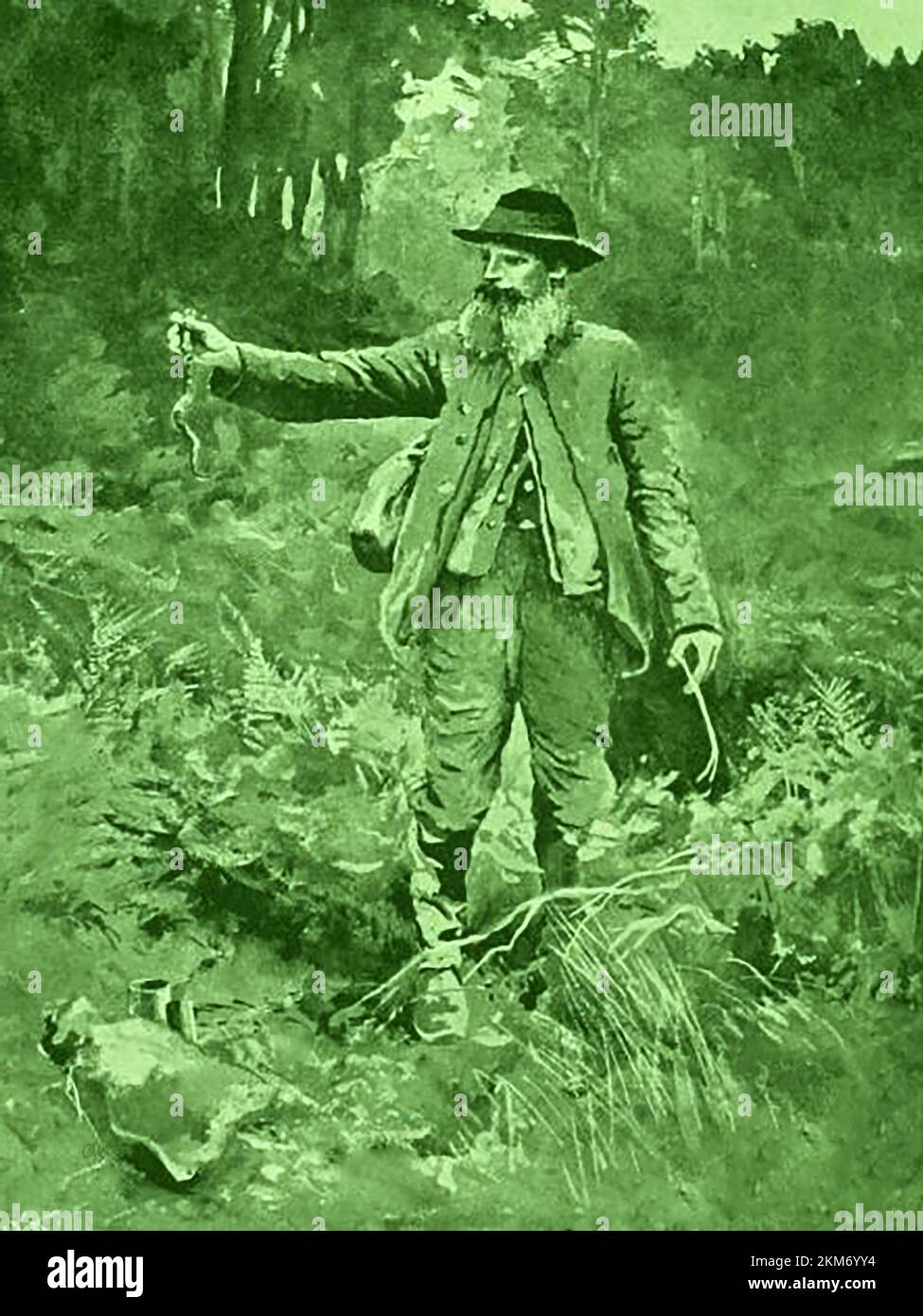 Harry „Brusher“ Mills (1840-1905), ein alter Schlangenfänger im New Forest, Hampshire, Großbritannien. . Harry lebte als Einsiedler im Wald, wurde aber zu einem Berühmtheiten, der Besucher und Künstler zu seinem Haus in einer Holzkohlebrennerhütte im Sporelake Lawn bei Brockenhurst zog. Er verdiente seinen Lebensunterhalt damit, Schlangen-Öl-Salben und Medikamente zu verkaufen, Schlangenskelette an Touristen zu verkaufen und Schlangen als Futter für Zootiere zu liefern. Sein Spitzname „Brusher“ rührte daher, dass er damit beschäftigt war, den lokalen Cricketplatz zwischen den Spielen zu putzen. Stockfoto