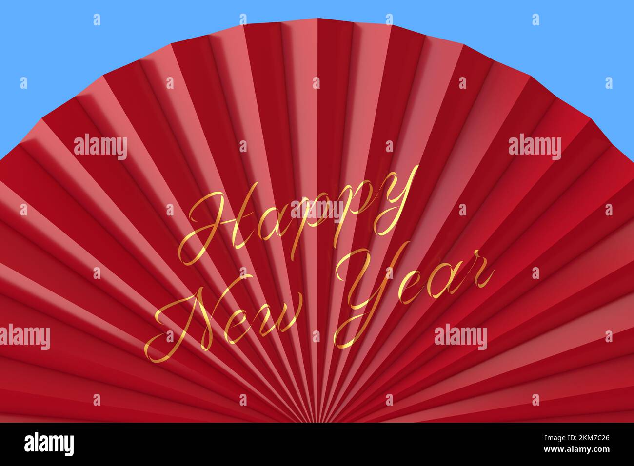 Roter China-Fan mit „Happy New Year“-Schild auf blauem Hintergrund. 3D-Rendering Stockfoto