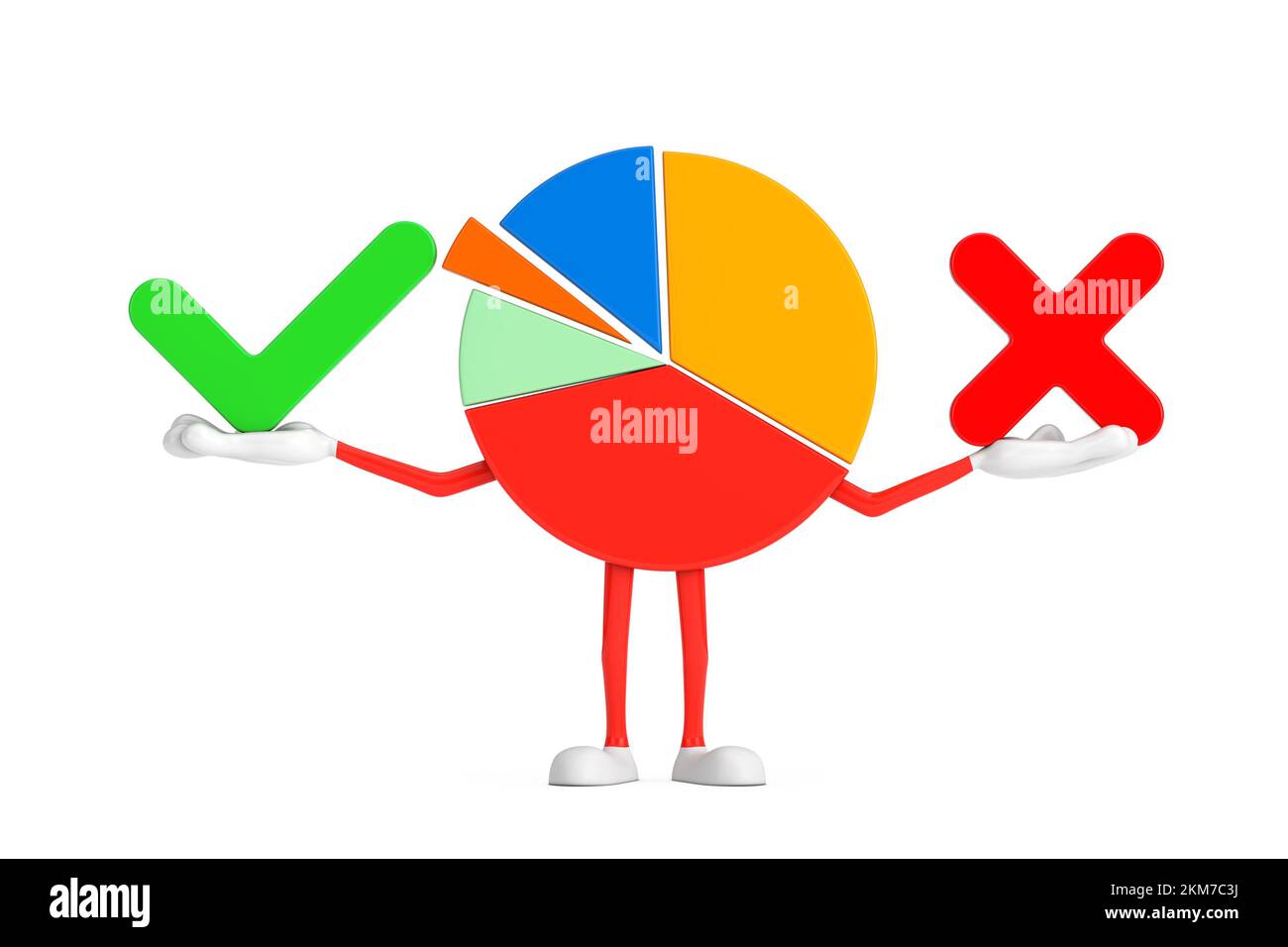 Infografiken Kreisdiagramm Zeichenperson mit rotem Kreuz und grünem Häkchen, Bestätigen oder Ablehnen, Symbol "Ja" oder "Nein" Unterzeichnen Sie auf weißem Hintergrund. 3D Stockfoto