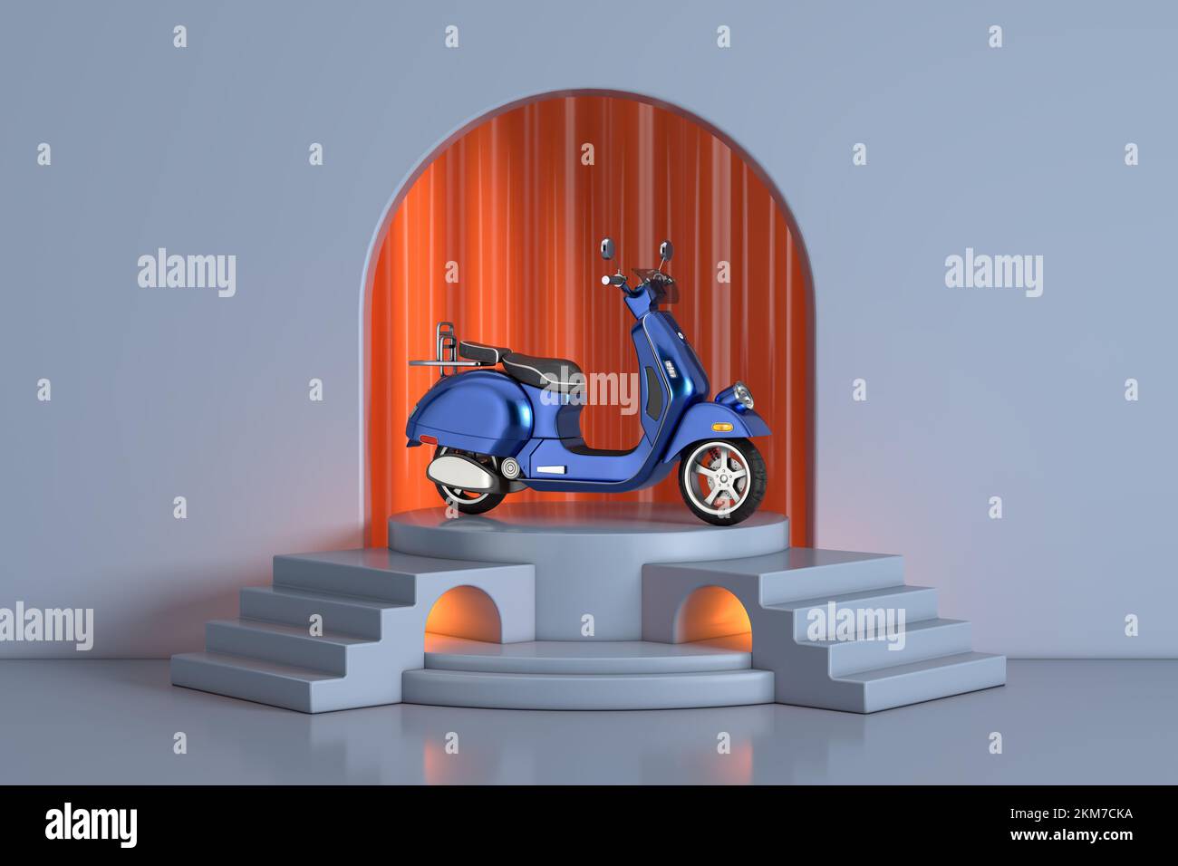 Classic Vintage Retro oder Elektroroller auf dem Blue Realistic Cylinder Product Promotion Stand Podium mit Bogenfenster im Studio-Zimmer mit Stufen nach außen Stockfoto