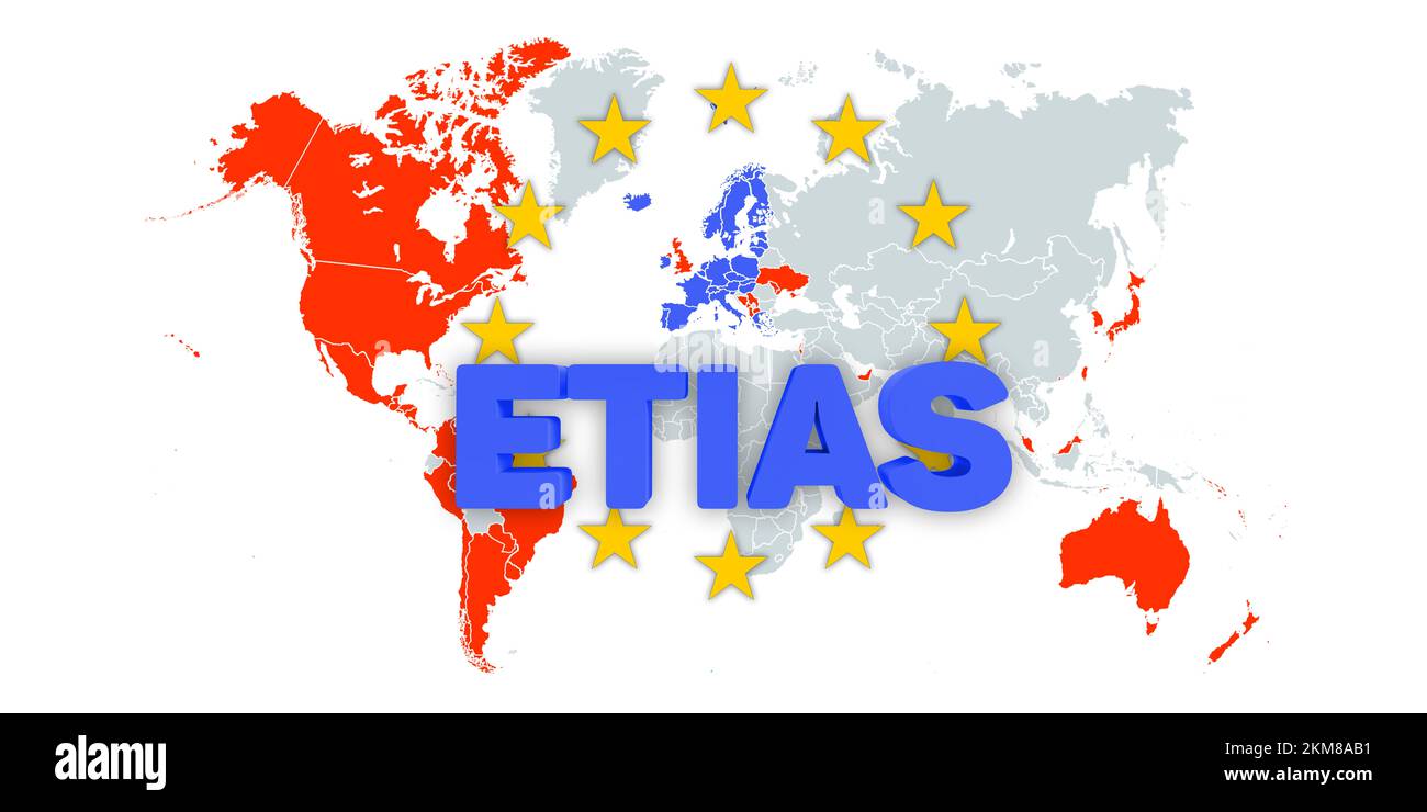 ETIAS – European Travel Information and Authorization System Concept (Europäisches Reiseinformations- und -Genehmigungssystem): Weltkarte mit 26 Ländern, die den Schengen-Raum bilden. Neue Besucherregeln Stockfoto