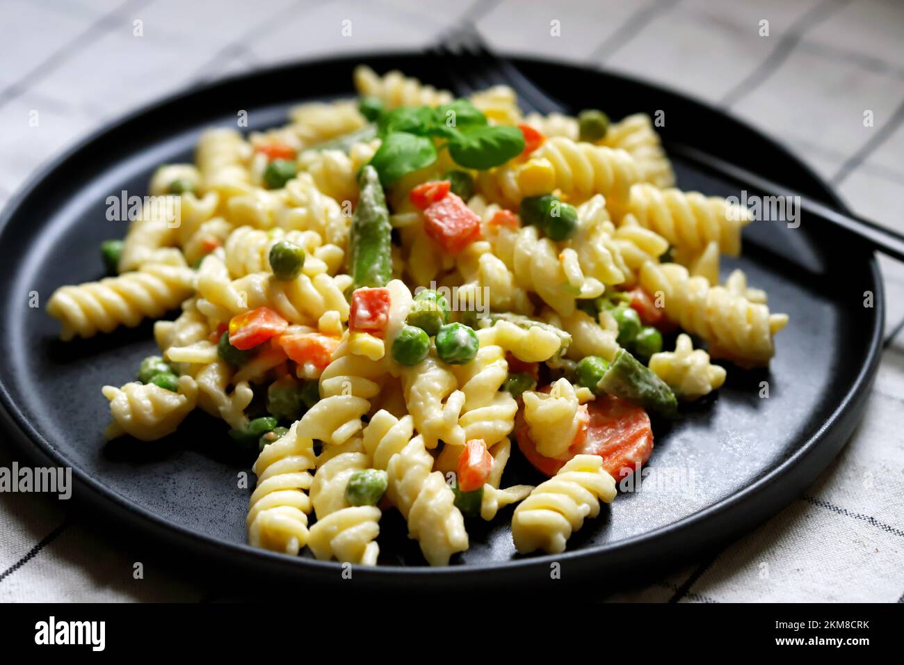 Nudelsalat mit Gemüse mit Sauce und Gewürzen. Stockfoto