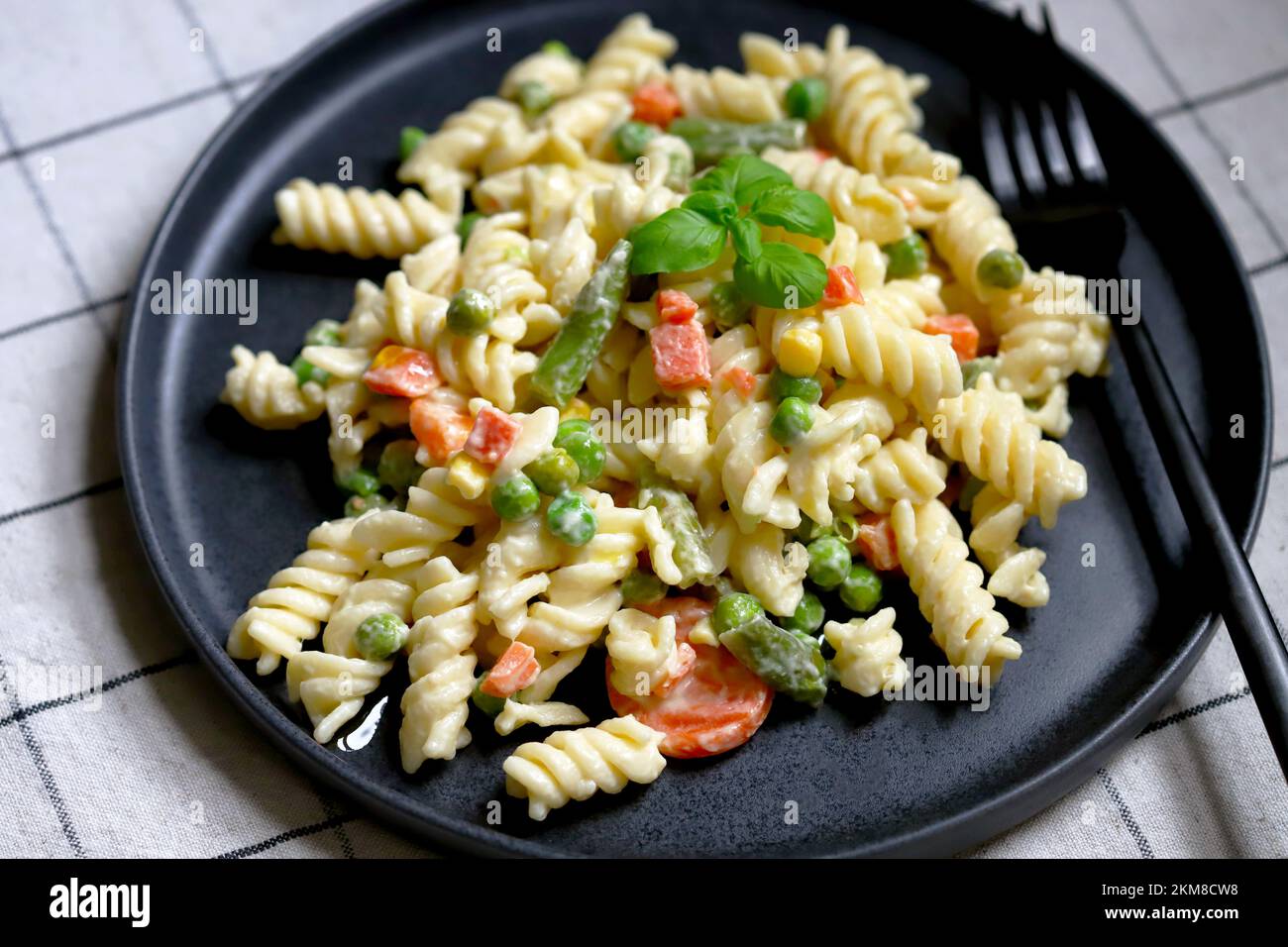 Nudelsalat mit Gemüse mit Sauce und Gewürzen. Stockfoto