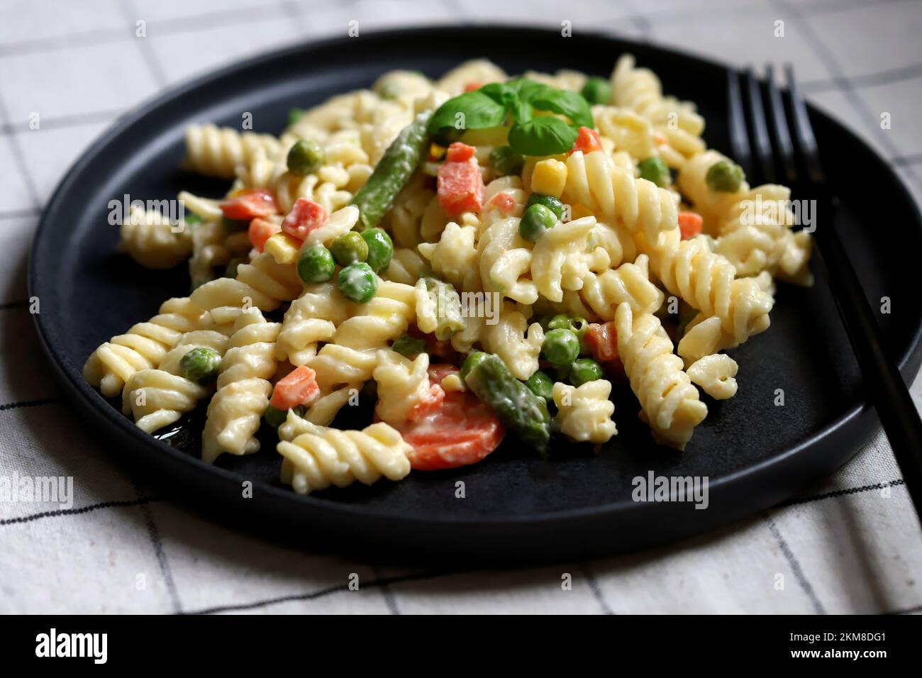 Nudelsalat mit Gemüse mit Sauce und Gewürzen. Stockfoto