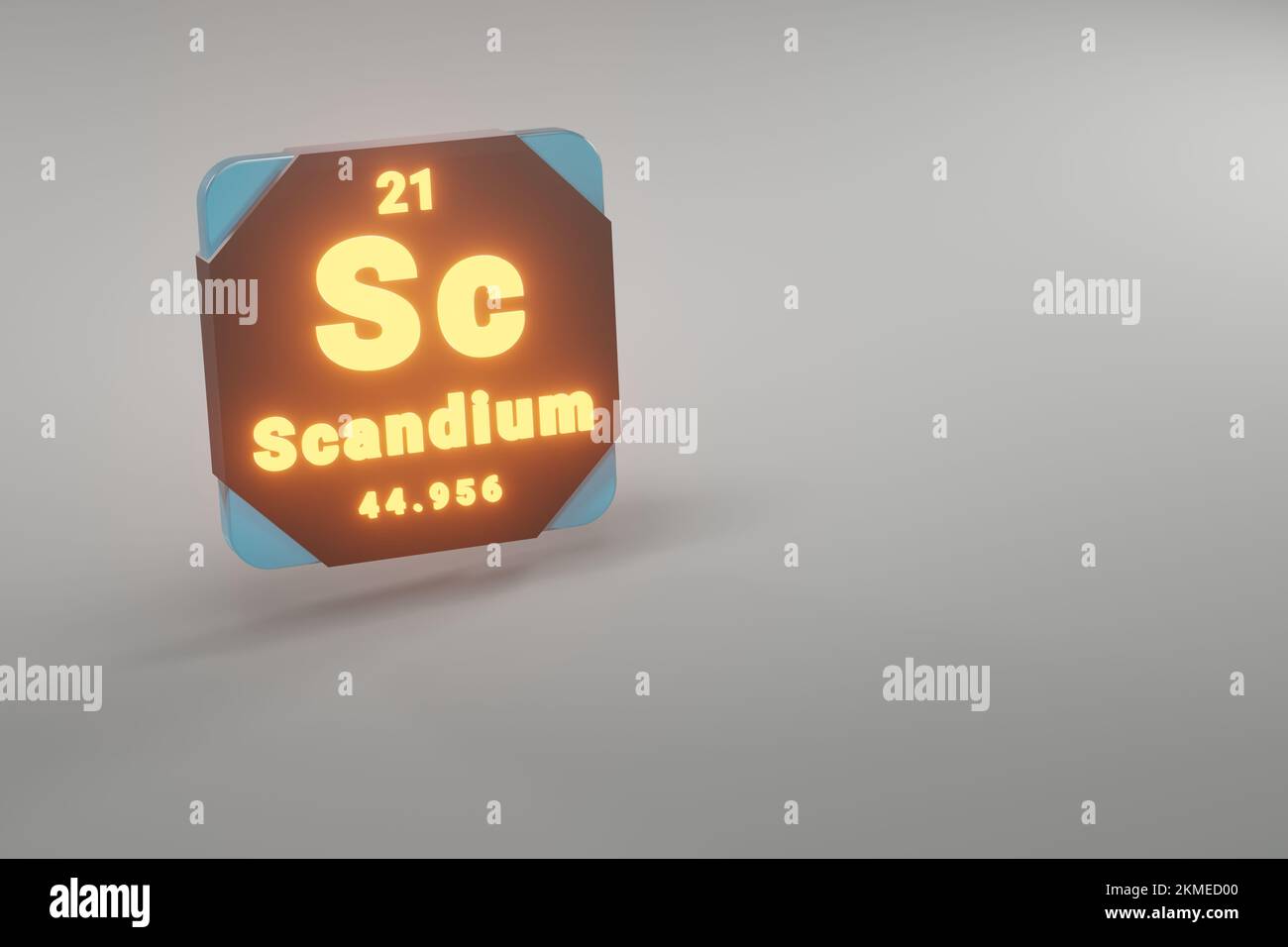 Wunderschöne abstrakte Illustrationen, die schwarz und feuerfest im Periodensystem des Scandium-Elements stehen. Modernes Design mit goldenen Elementen, 3D wird krank Stockfoto