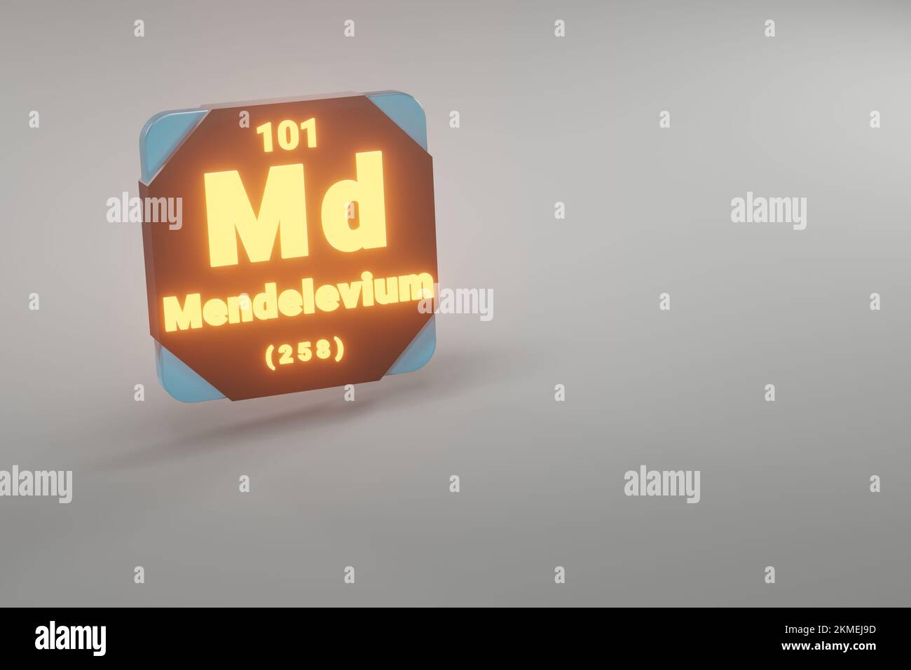 Wunderschöne abstrakte Illustrationen, die schwarz und feuerfest stehen, Mendelevium-Element des Periodensystems. Modernes Design mit goldenen Elementen, 3D-Rendering Stockfoto