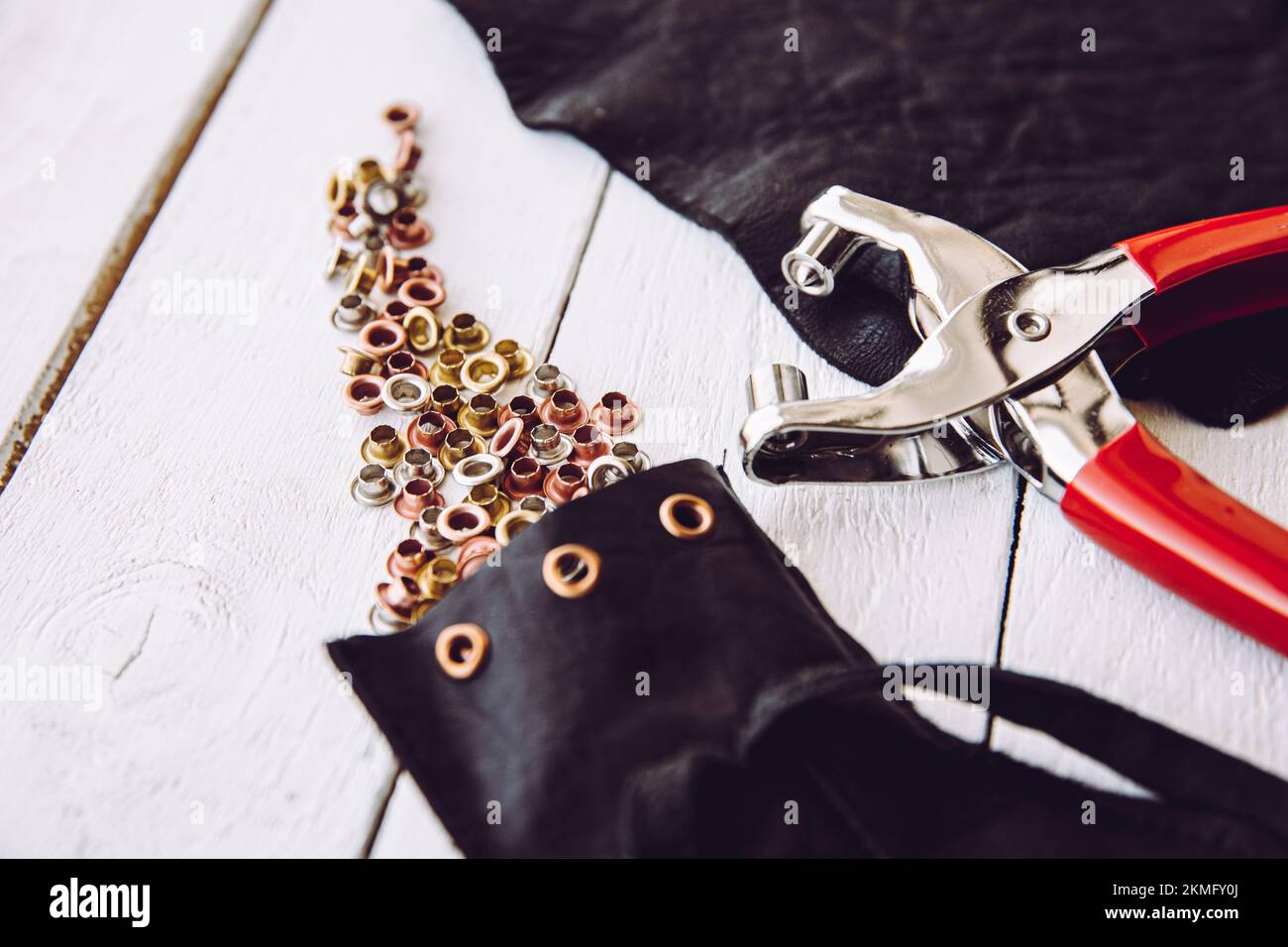 Ösenzange mit kleinen Metallösen in verschiedenen Farben Werkzeugkonzept für Heimwerker. Stockfoto