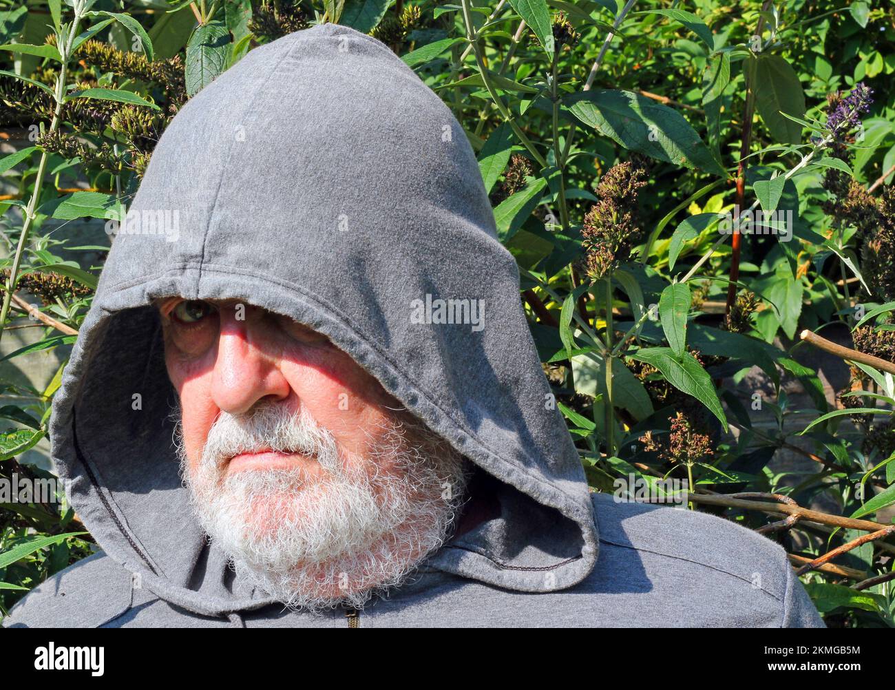 Ein wütender alter Mann, der sich unter der Haube versteckt und bedrohlich in die Kamera schaut. Stockfoto