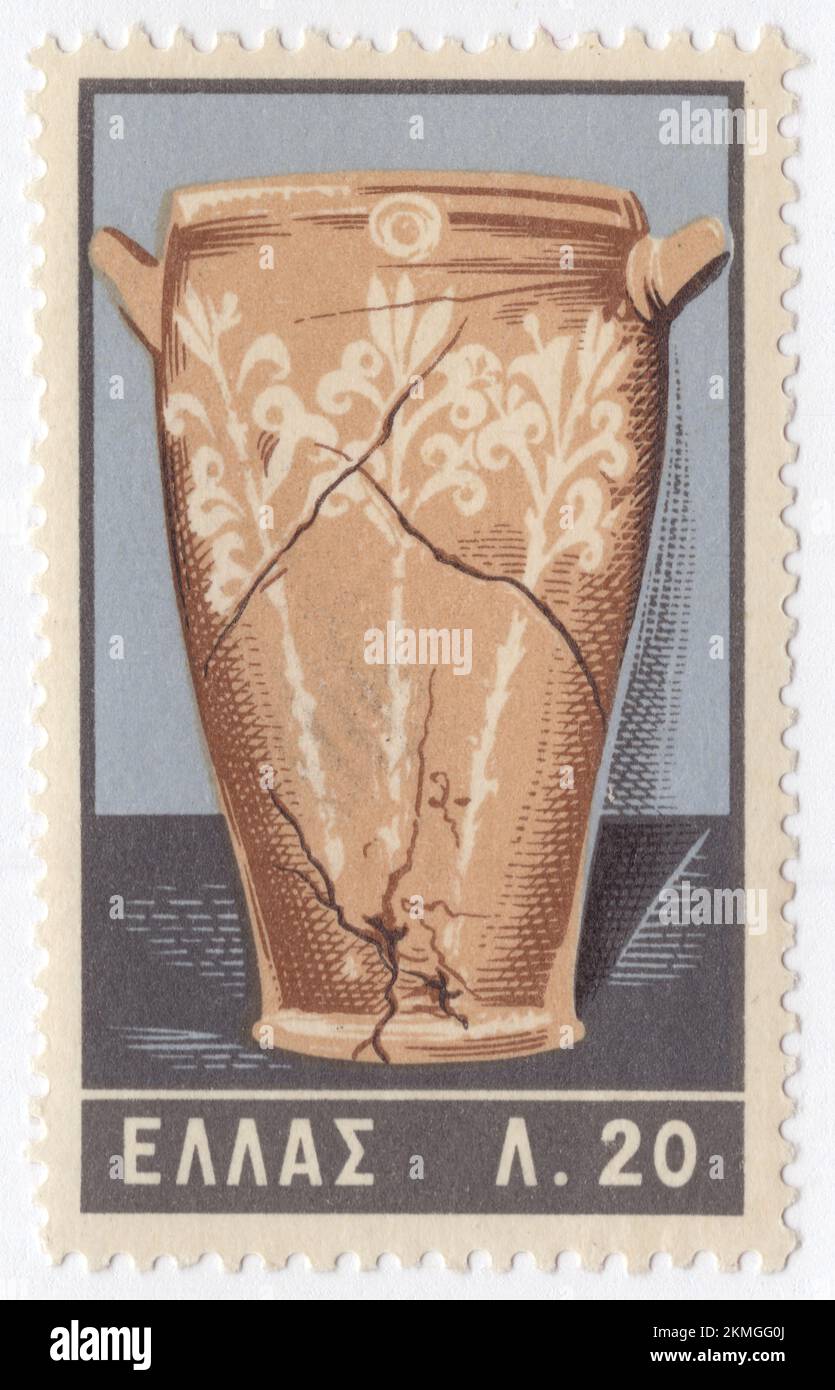 GRIECHENLAND - 1961. Juni 30: Eine 20-Lepta-Briefmarke, die Lily Vase, minoische Kunst darstellt. Minoische Töpferwaren wurden als Hilfsmittel benutzt, um die stumme minoische Zivilisation zu treffen. Seine ruhelose Abfolge von skurrilen, heranreifenden künstlerischen Stilen offenbart etwas von der Freude der minoischen Gäste an Neuheit, während sie Archäologen dabei unterstützen, den Schichten ihrer Stätten relative Daten zuzuweisen. Töpfe, die Öle und Salben enthielten, die aus dem 18.. Jahrhundert v. Chr. Kreta exportiert wurden, wurden an Orten auf den Ägäischen Inseln und dem griechischen Festland, auf Zypern, entlang der Küste Syriens und in Ägypten gefunden Stockfoto