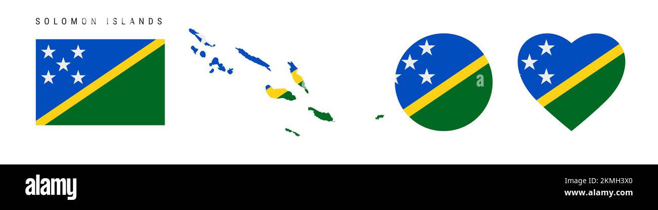 Symbolgruppe für Flaggen der Salomonen. Melanesien-Wimpel in offiziellen Farben und Proportionen. Rechteckig, kartenförmig, kreisförmig und herzförmig. Flache Illustrationen Stockfoto