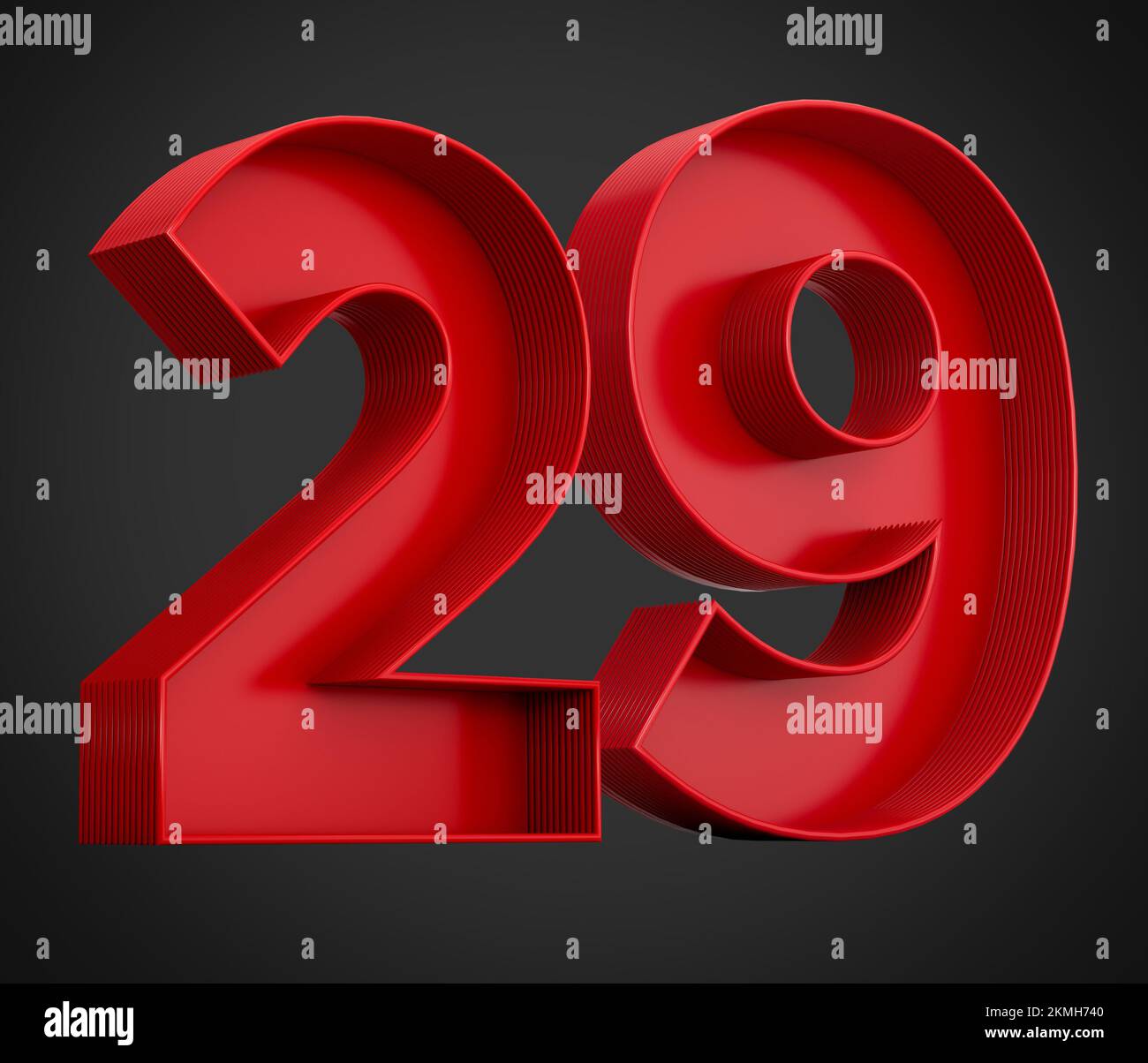 Ein 3D-Rendering der Zahl 29 in Rot auf schwarzem Hintergrund - Symbol 29 Stockfoto