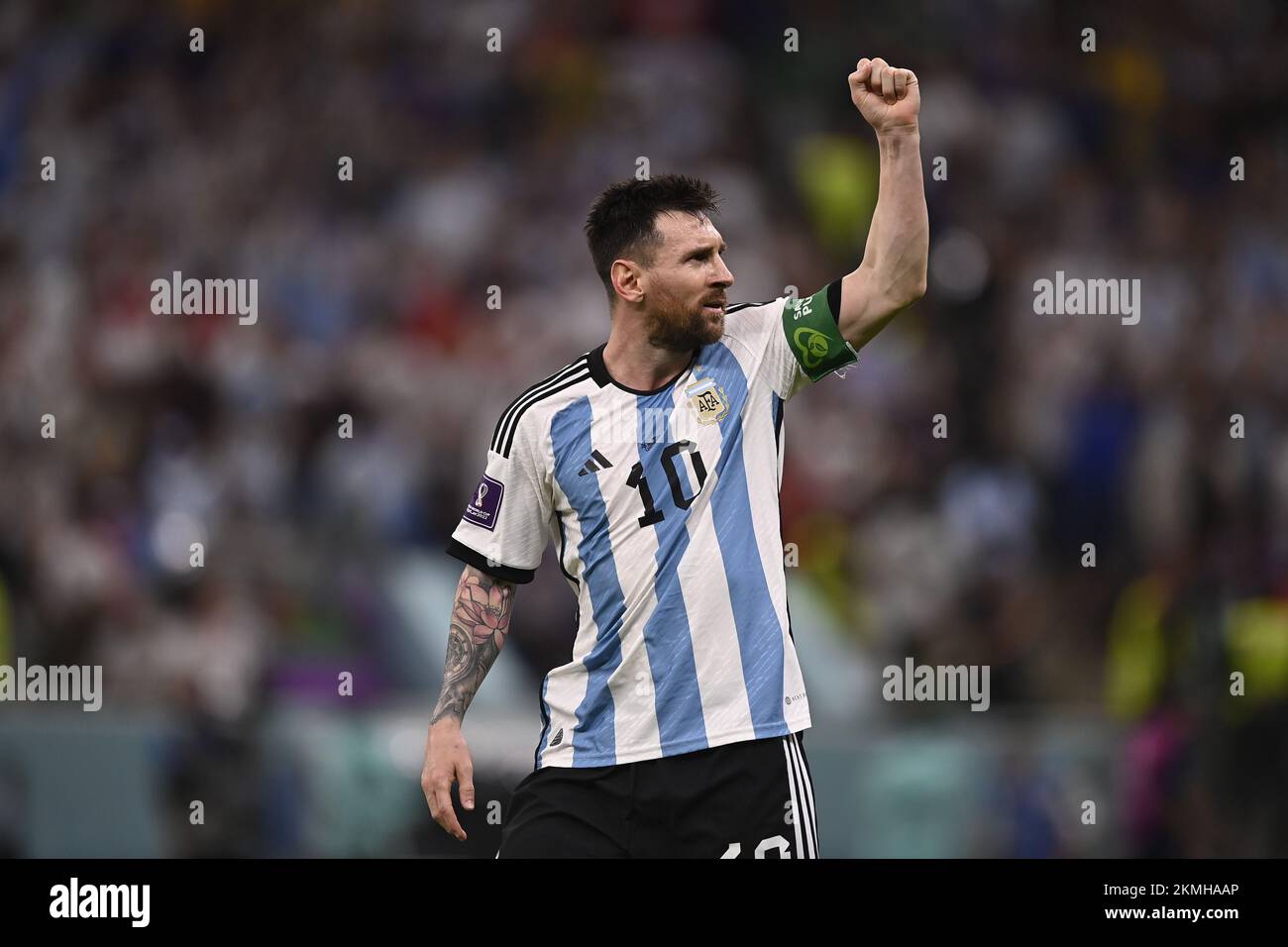 Foto Fabio Ferrari/LaPresse 26 Novembre 2022 Katar - Sport - Calcio - Katar 2022 - Coppa del Mondo FIFA - Argentinien vs Messico - Gruppo C - Fase A Gironi - Lusail Stadium. Nella foto: Esultanza Leo Messi 26. November 2022 , Katar - Sport - Fußball - Katar 2022- FIFA Weltmeisterschaft - Argentinien gegen Mexiko - Gruppe C - Gruppenbühne - Lusail Stadium. Auf dem Bild: Leo Messi / PRESSINPHOTO Stockfoto