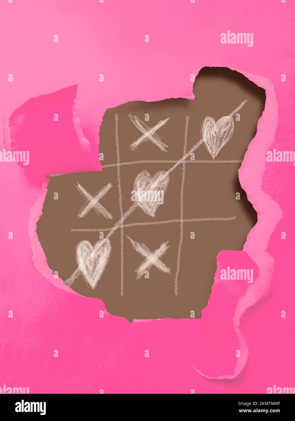 Kreatives Stillleben-Kunstwerk auf einer zerrissenen rosafarbenen Karte mit einem Spielbrett aus nought Herzen und Kreuzen. Spiele der Liebe Stockfoto