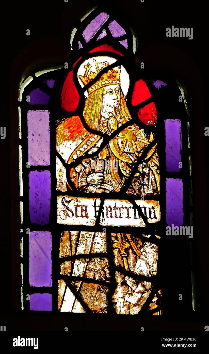 St. Katherine, St. Catherine and Wheel, 15.. Jahrhundert, mittelalterliches Buntglasfenster, Sandringham Parish Church, Norfolk, England, Großbritannien Stockfoto