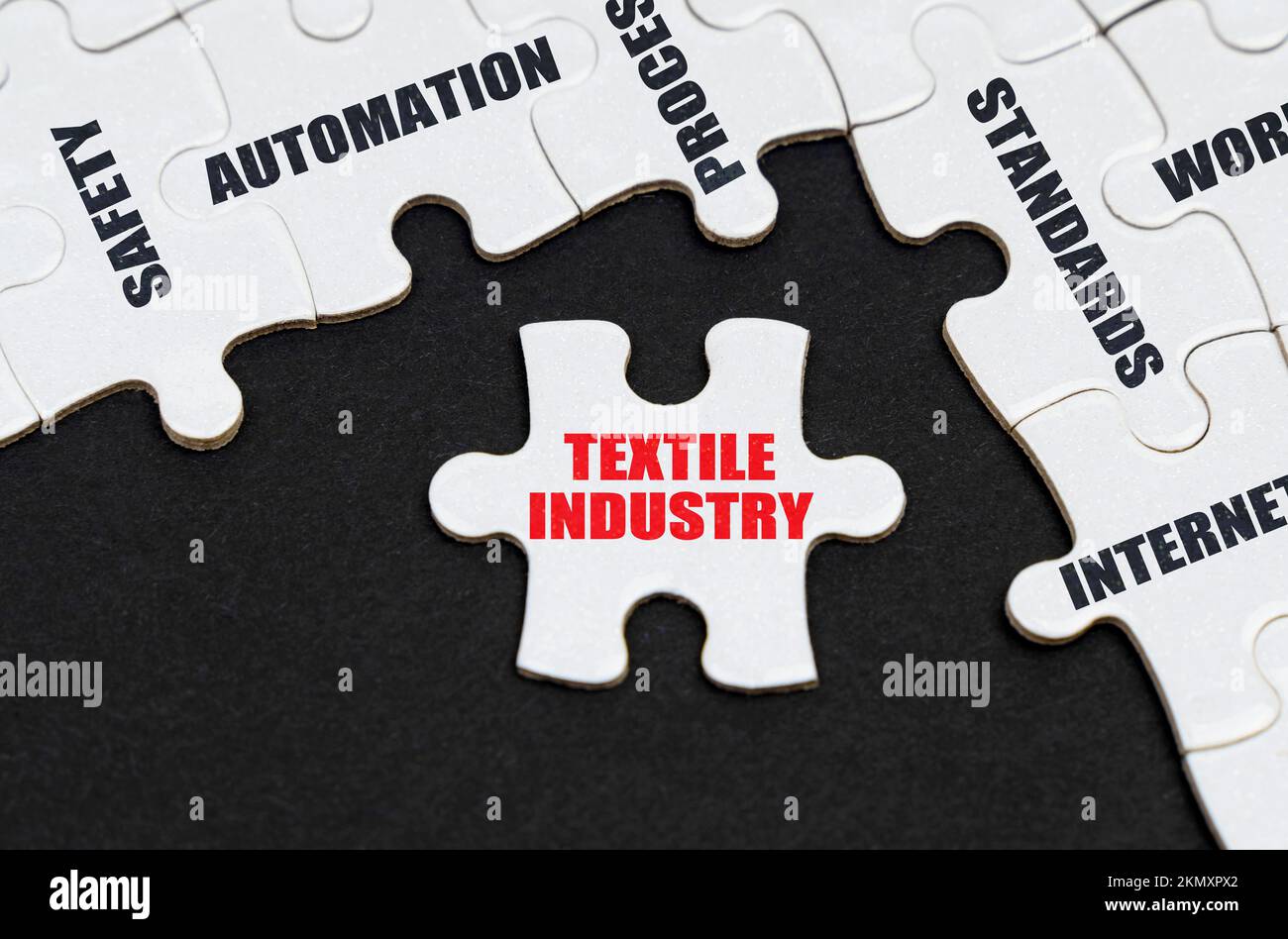 Branchenkonzept. Auf schwarzem Hintergrund, Rätsel mit Inschriften, auf einem separaten Puzzle befindet sich eine Inschrift - Textilindustrie Stockfoto