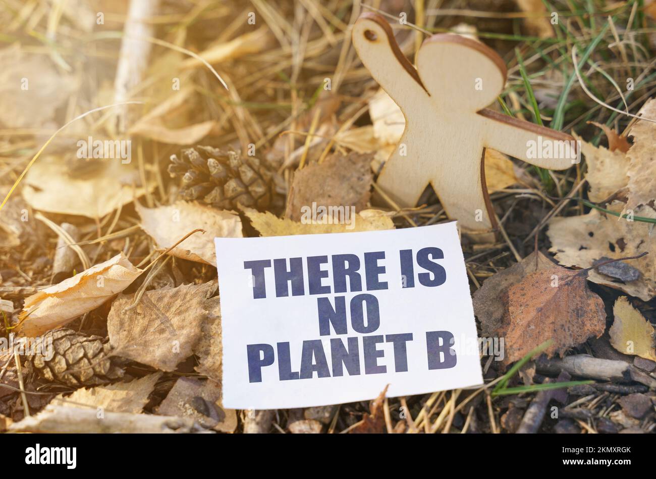 Ökologie. Auf dem Boden zwischen den Blättern in der Nähe der hölzernen Figur eines Mannpapiers mit der Inschrift ist kein Planet B Stockfoto