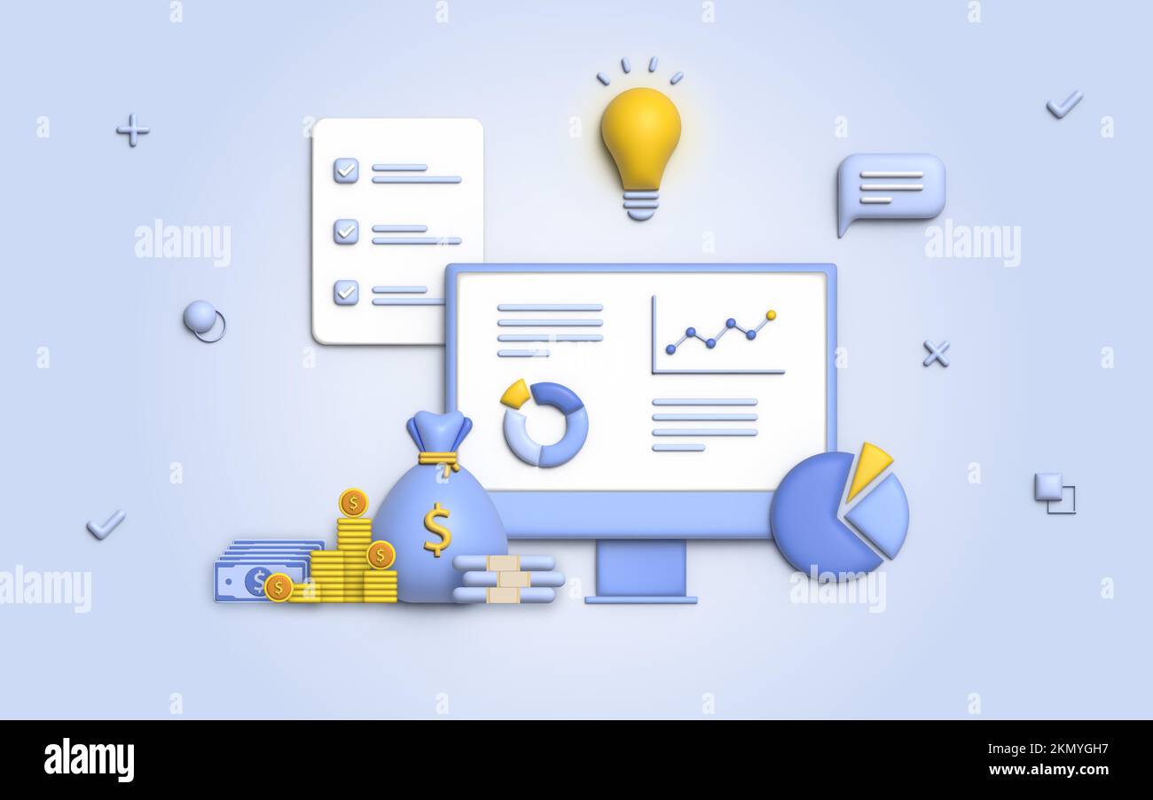 3D Abbildung Konzept und Investitionen des Finanzmanagements. 3D für Zahlung und Finanzierung mit Geld, Bargeld, Banknoten, Taschenrechner und Kreditkarte. Illustr Stockfoto