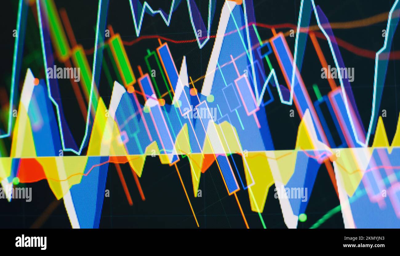 Statische Finanzanalyse mit wachsenden Finanzdiagrammen. Onlinehandel, Investitionen, Strategieplan für den Markt und Aktienmarktfluktuationen Konzept. Stockfoto