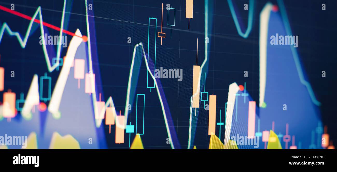 Statische Finanzanalyse mit wachsenden Finanzdiagrammen. Onlinehandel, Investitionen, Strategieplan für den Markt und Aktienmarktfluktuationen Konzept. Stockfoto