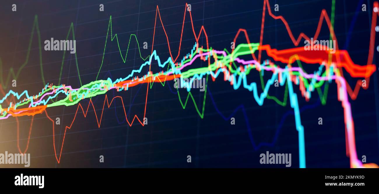 Konzept der Analyse von Aktien- oder Geschäftsmärkten. Finanz- oder Börsenhintergrund. Geschäftsdiagramm zur Börse an der Finanzbörse Stockfoto