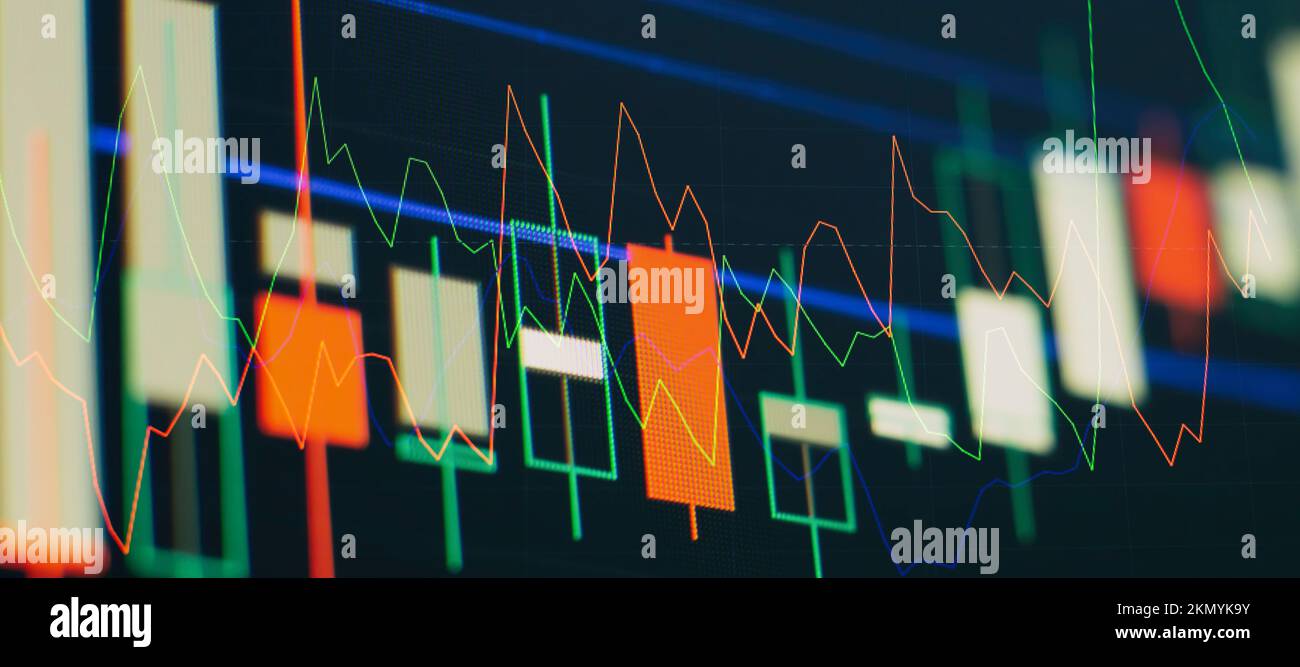 Konzept der Analyse von Aktien- oder Geschäftsmärkten. Finanz- oder Börsenhintergrund. Geschäftsdiagramm zur Börse an der Finanzbörse Stockfoto