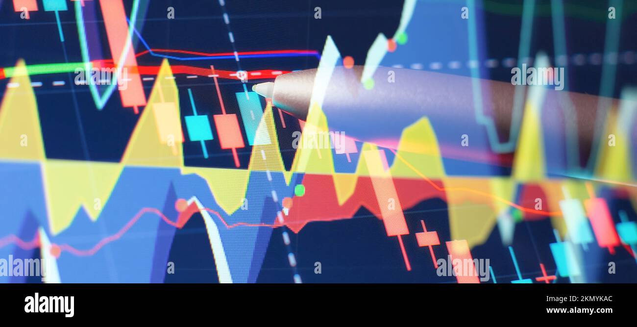 Konzept der Analyse von Aktien- oder Geschäftsmärkten. Finanz- oder Börsenhintergrund. Geschäftsdiagramm zur Börse an der Finanzbörse Stockfoto