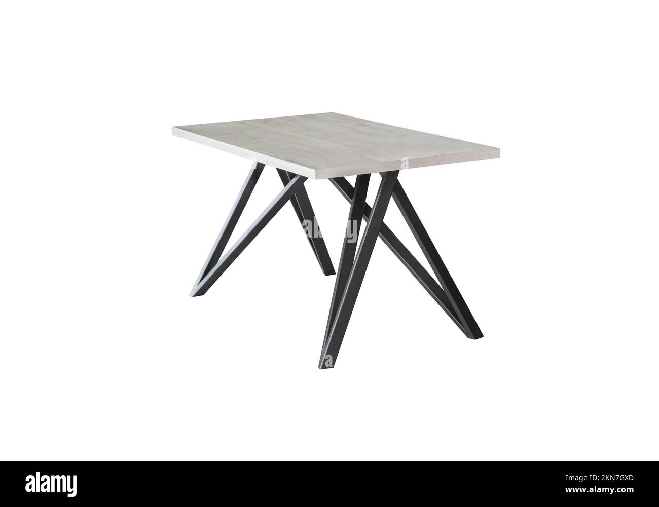 Holztisch mit Metallbeinen auf weißem Hintergrund Stockfoto