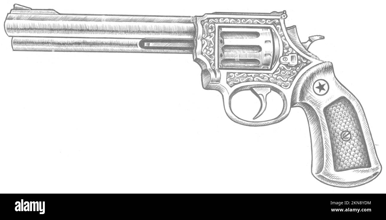 Eine Zeichnung eines Revolvers auf weißem Hintergrund Stockfoto