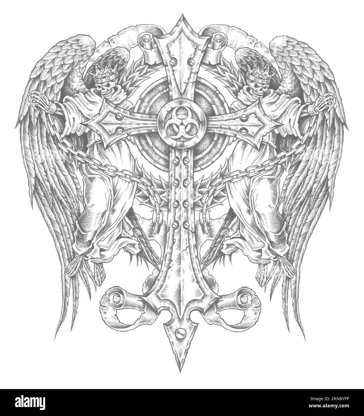 Eine Zeichnung von Schädeln mit Kronen, angekettet mit Flügeln auf weißem Hintergrund Stockfoto