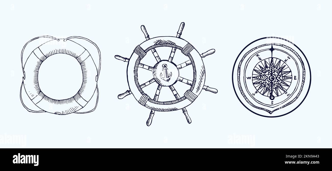 Lifebuoy, Lenkrad, Kompass, handgezeichnetes Doodle, Skizze, Schwarzweiß-Abbildung Stockfoto
