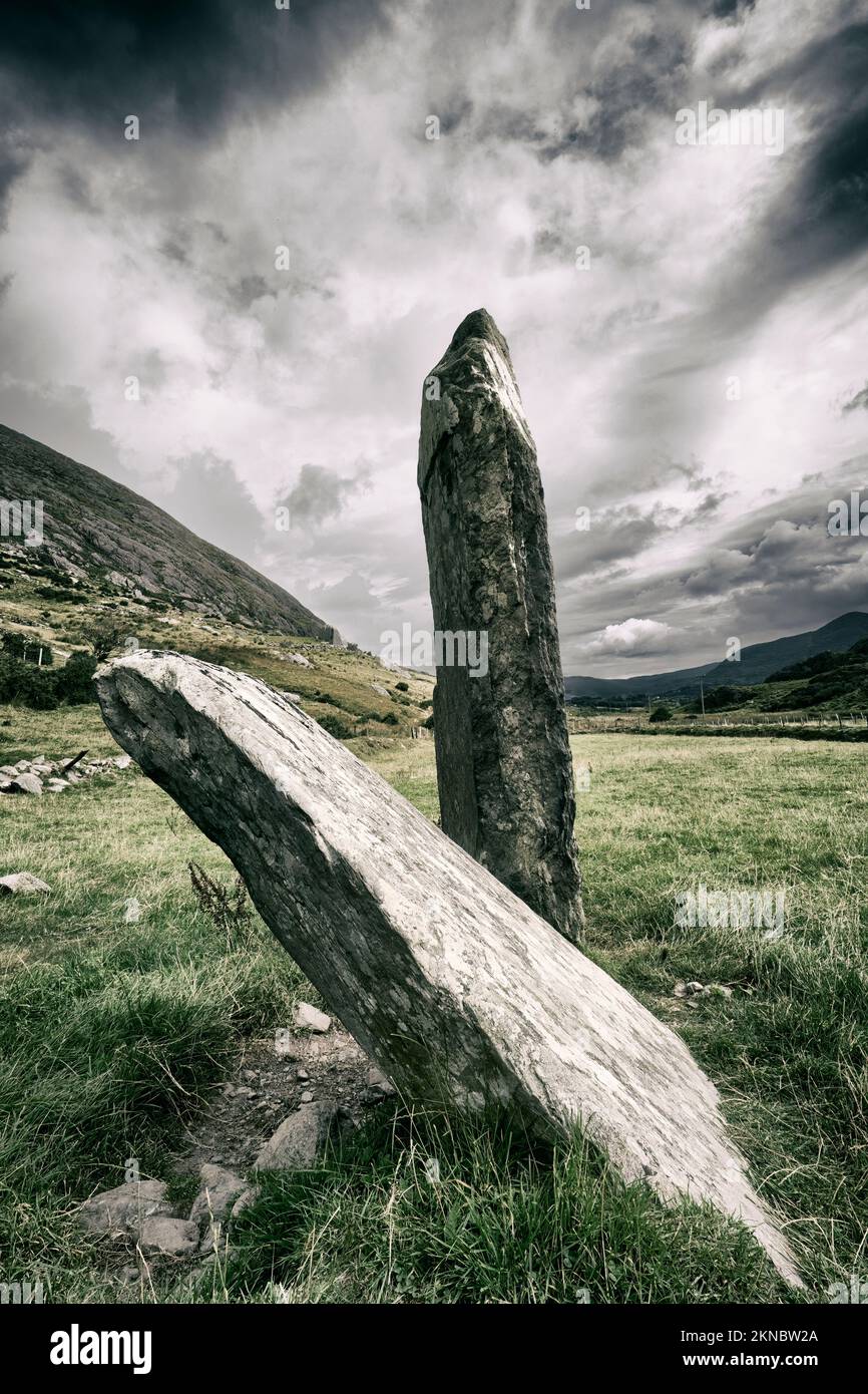 Archäologische Stätte des prähistorischen Steinkreises von Shronebirrane, County Kerry im Nordwesten Irlands Stockfoto