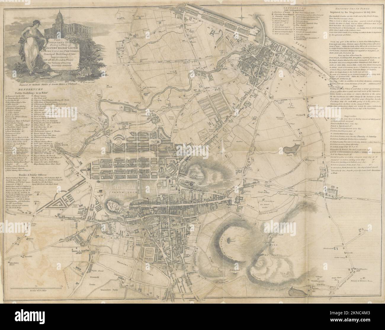 Historischer Stadtplan von Edinburgh und Umgebung vom 17. Bis 19. Jahrhundert. Die Karten sind wunderschön von Hand illustriert und eingraviert und zeigen sie zu dieser Zeit. Stockfoto